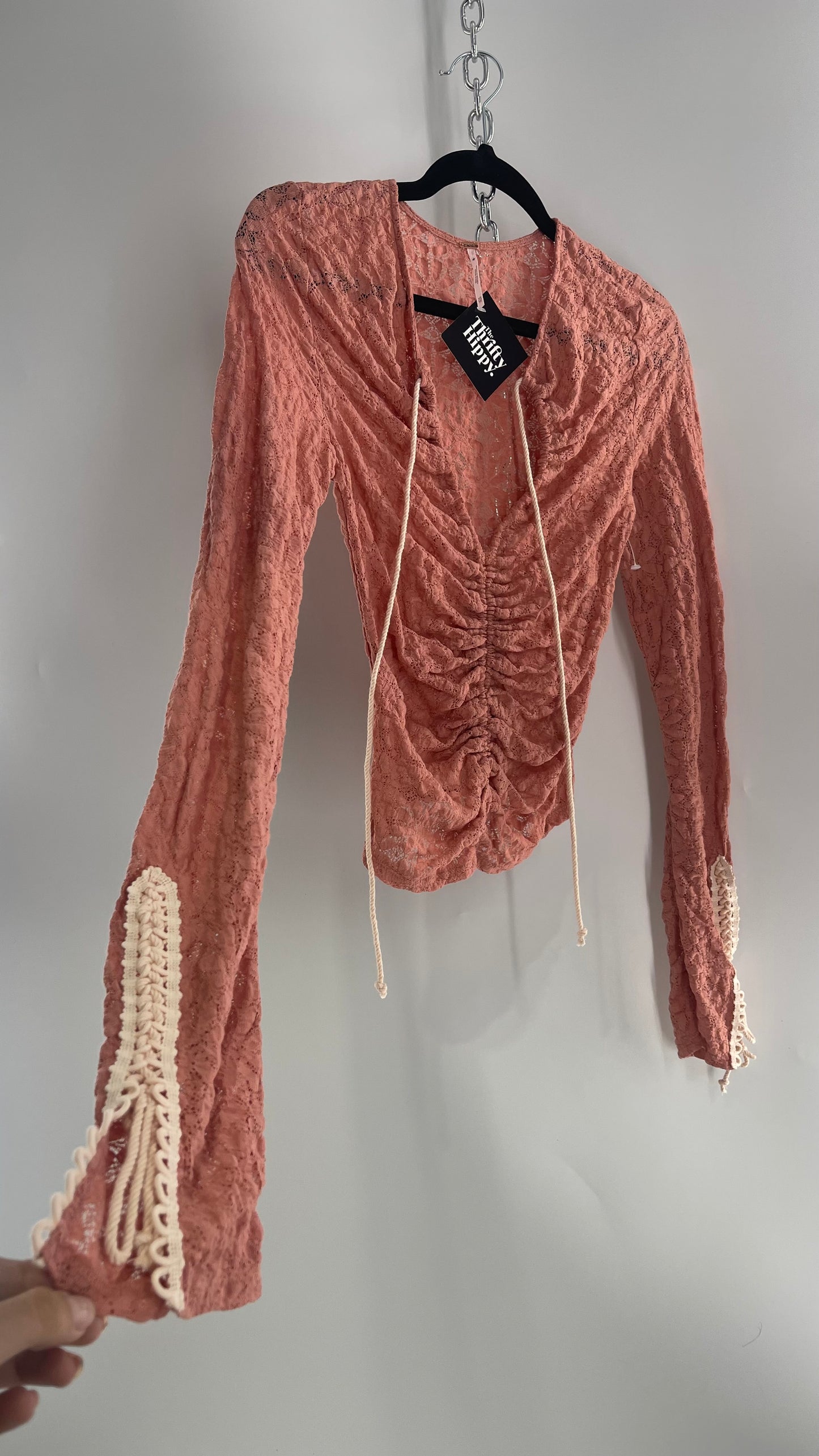 Free People Pink Lace Long Sleeve with Beige Lace Up Sleeve Detail (XS)