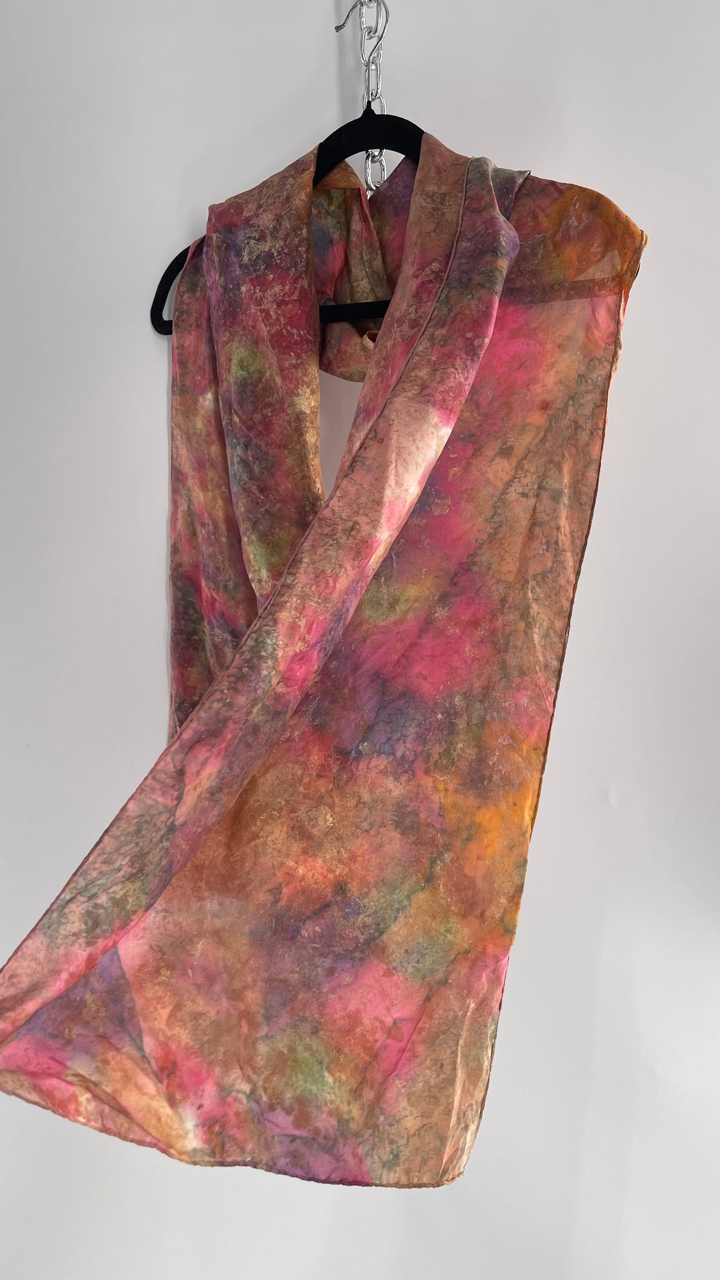 Vintage 100% Silk Damask Watercolor Gold Shimmer Scarf
