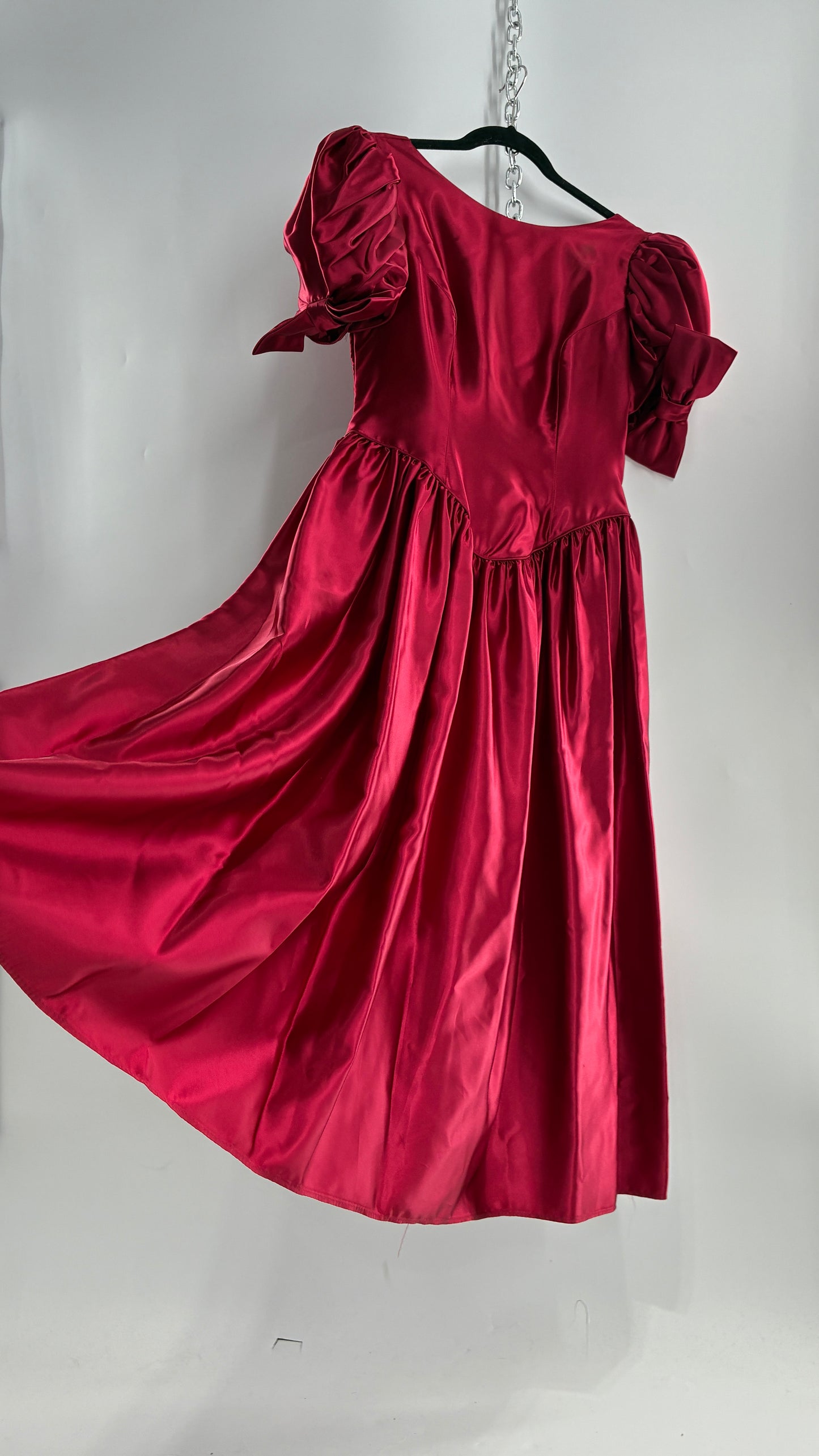 Vintage Red Silky Satin Corset Style Dress with Sweetheart Neckline, Puff Sleeves, Oversized Bow Bum, Open Back and Draping Pearls (10P)