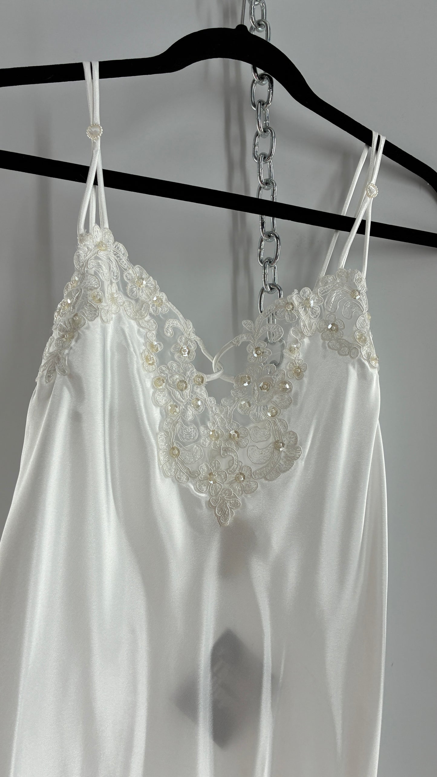 Vintage California Dynasty White Glossy, Silky Night Gown Style Dress with Sequined Lace Bustline (Small)