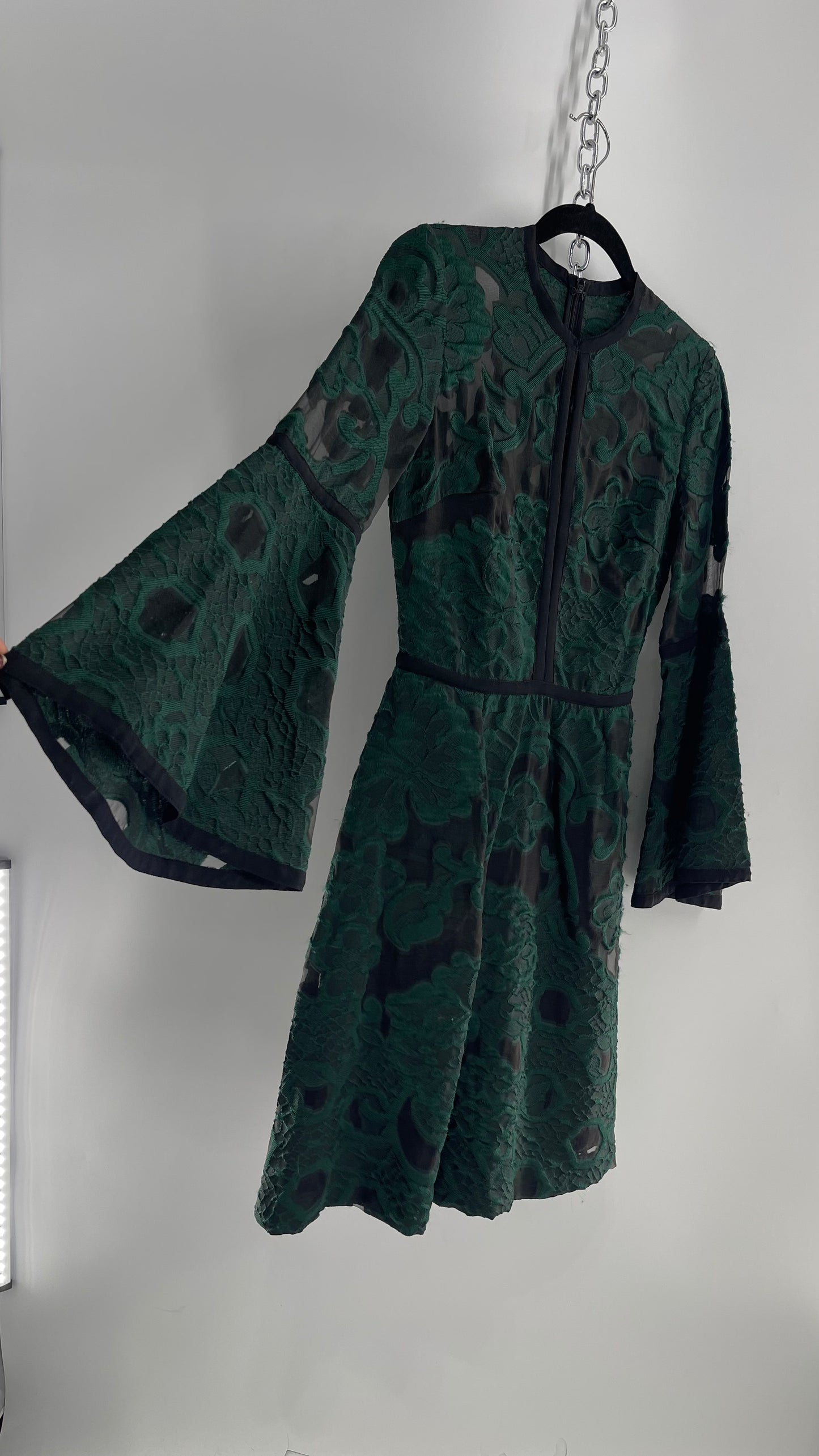 Vintage Ellie Saab Forest Green Lace Dress with Bell Sleeves (36)