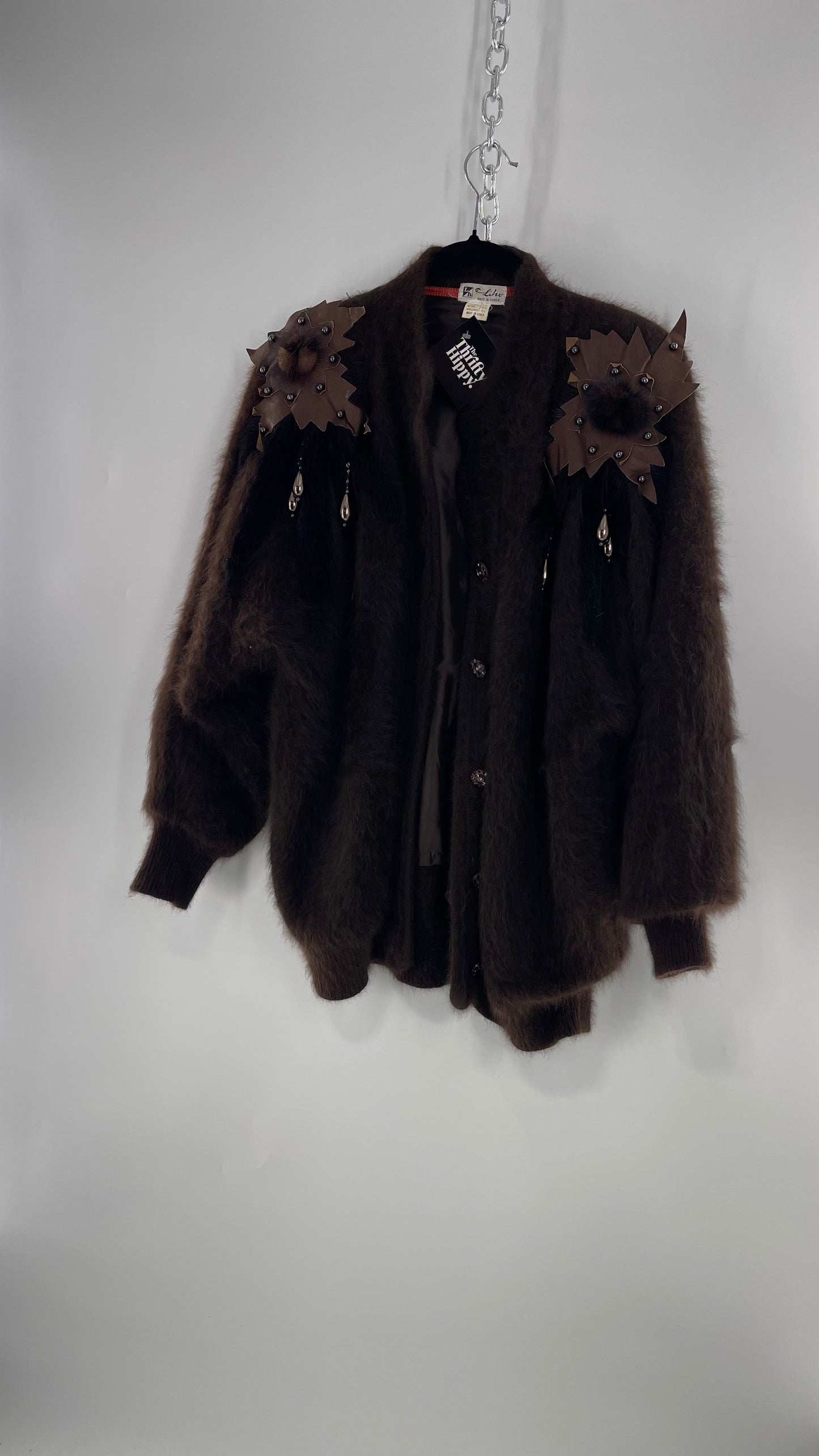 Liho Korean Vintage Brown Cardigan with Leather, Fur and Beaded Detailing 15% Wool 75% Angora  (C)(Medium)