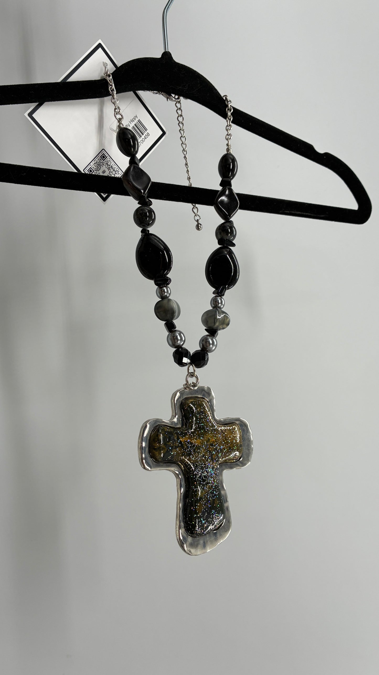 Vintage 1990s Beaded Black Necklace with Iridescent Glitter Cross