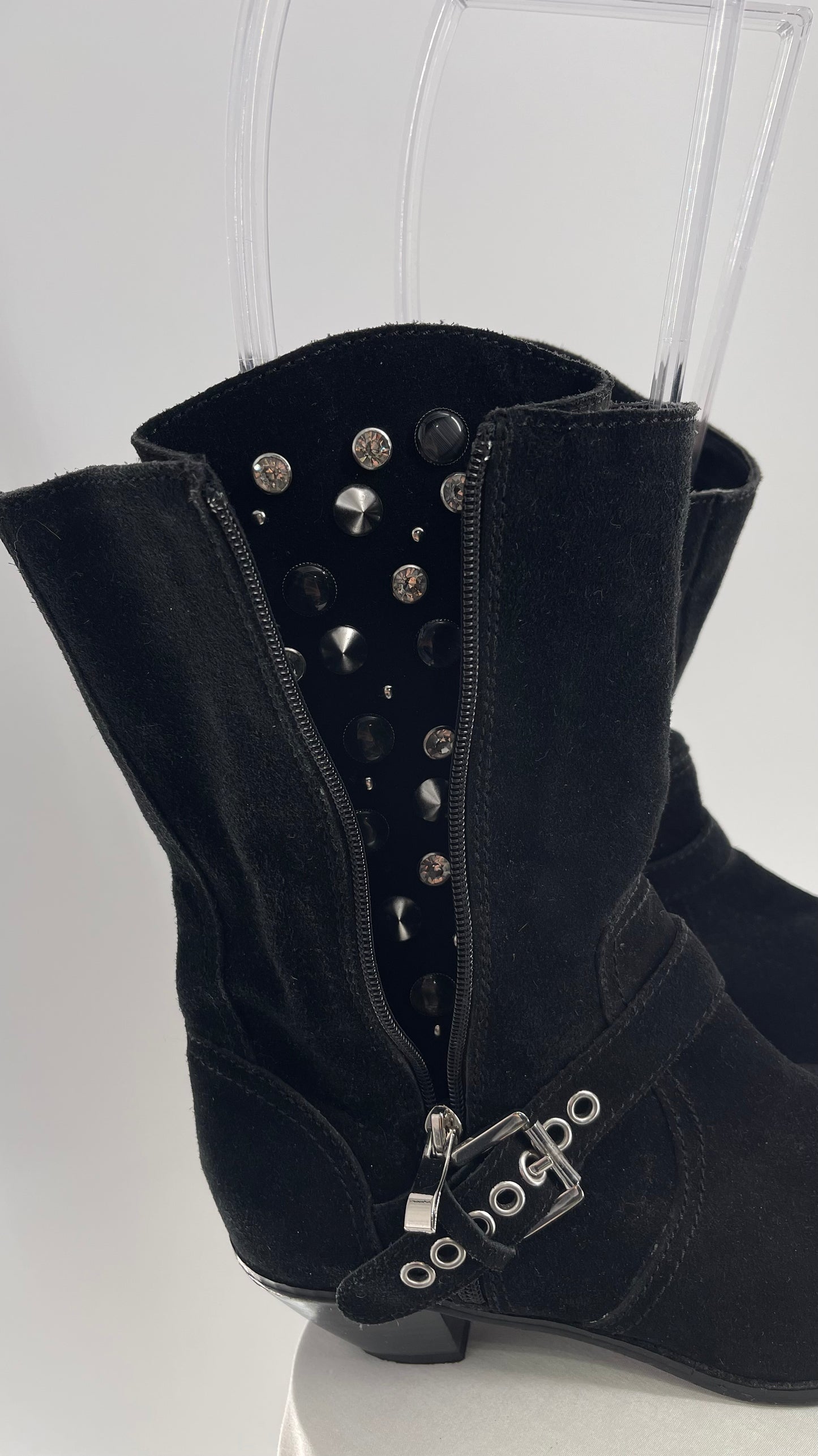 Vintage Black Suede Cowboy Boots with Buckle and Zip Up, Rhinestone Studded Details (8.5)