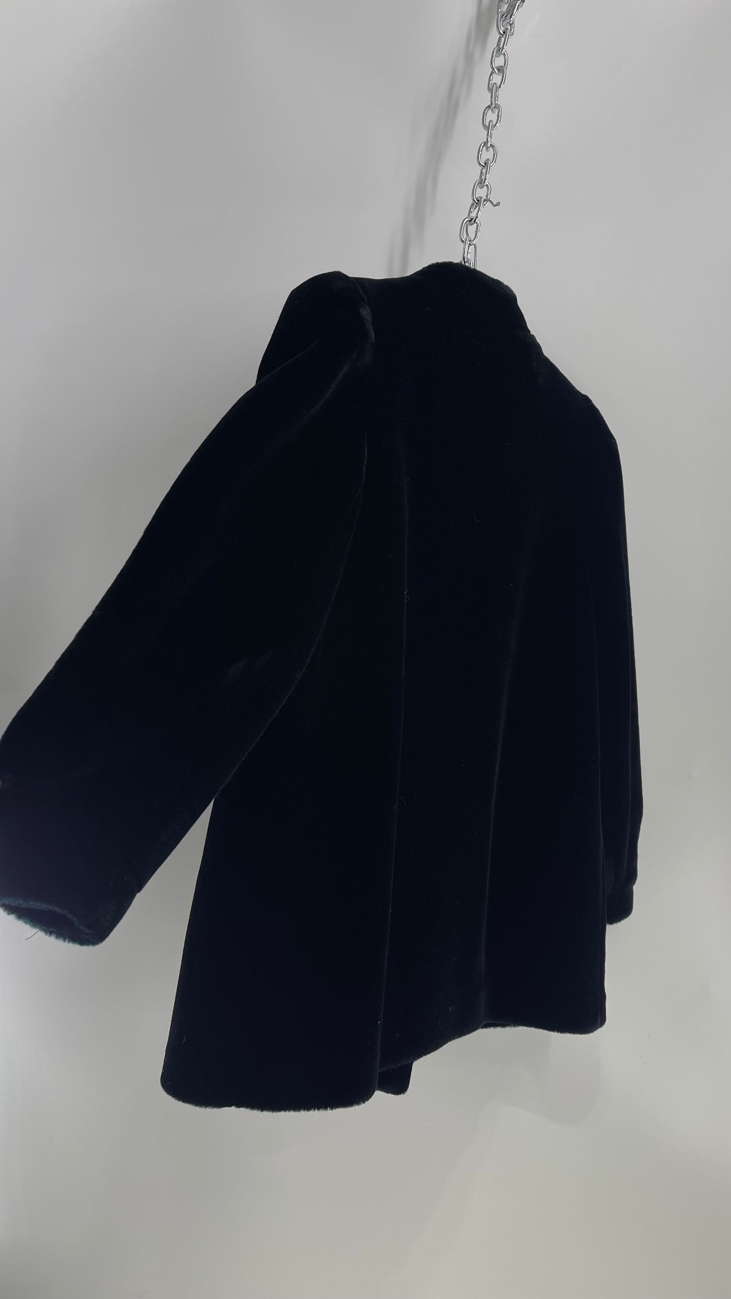 Vintage SASSON Black Faux Fur Coat with Embroidered Leather Patch Detail (Small)
