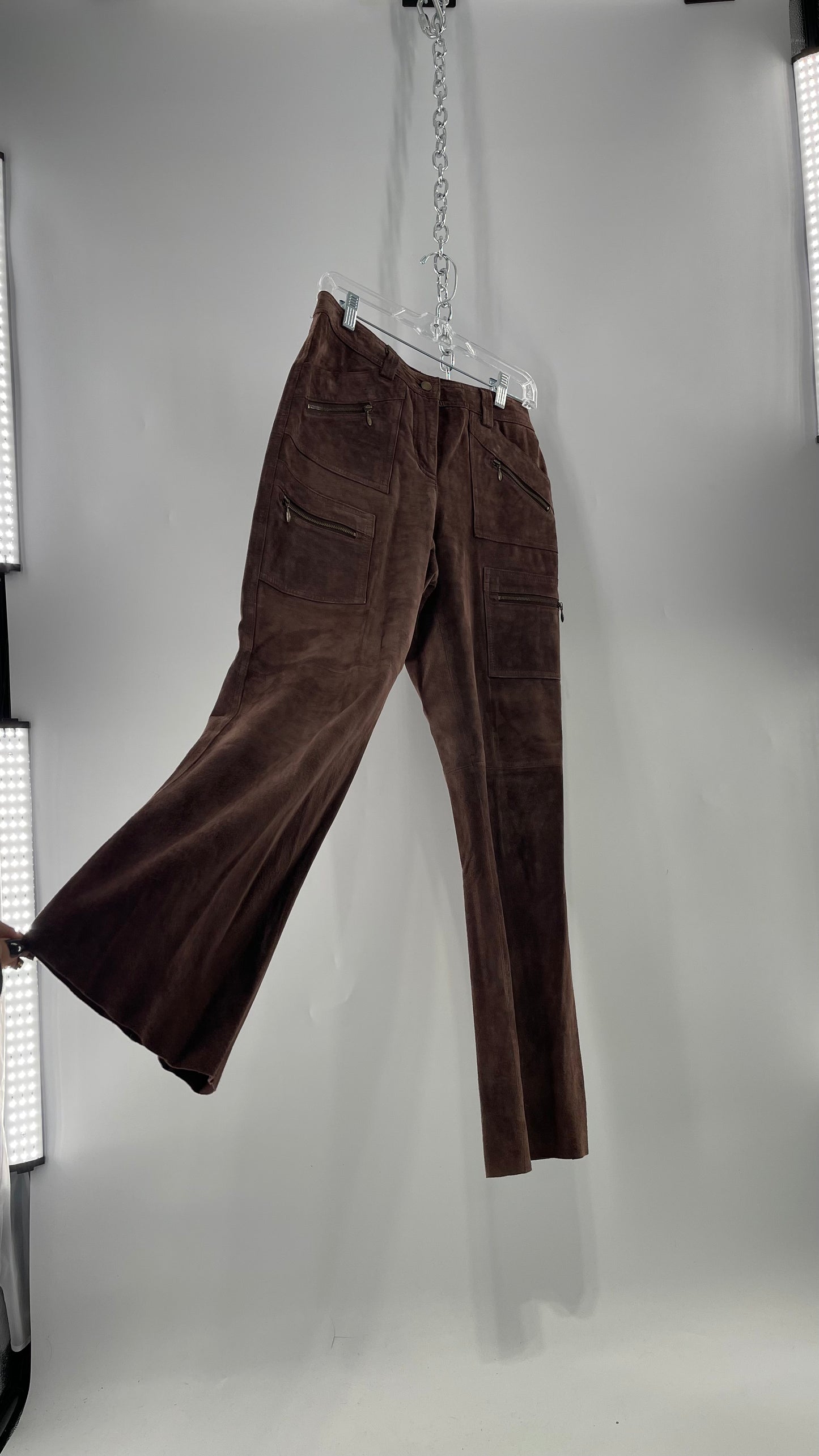 Vintage Context Petit Brown Suede Straight Leg Cargos with Pockets and Bronze Zippers (8P)