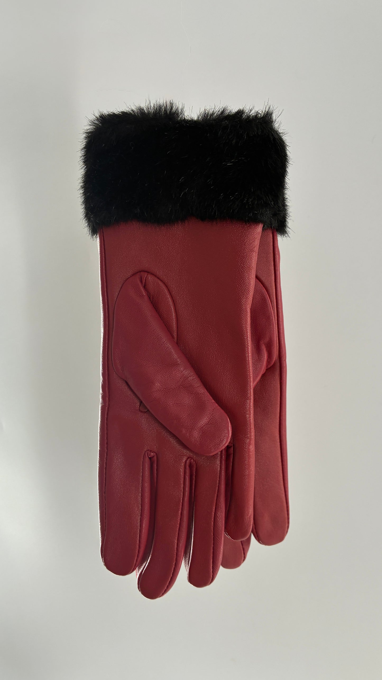 Vintage Red Leather Gloves with Faux Fur Trim
