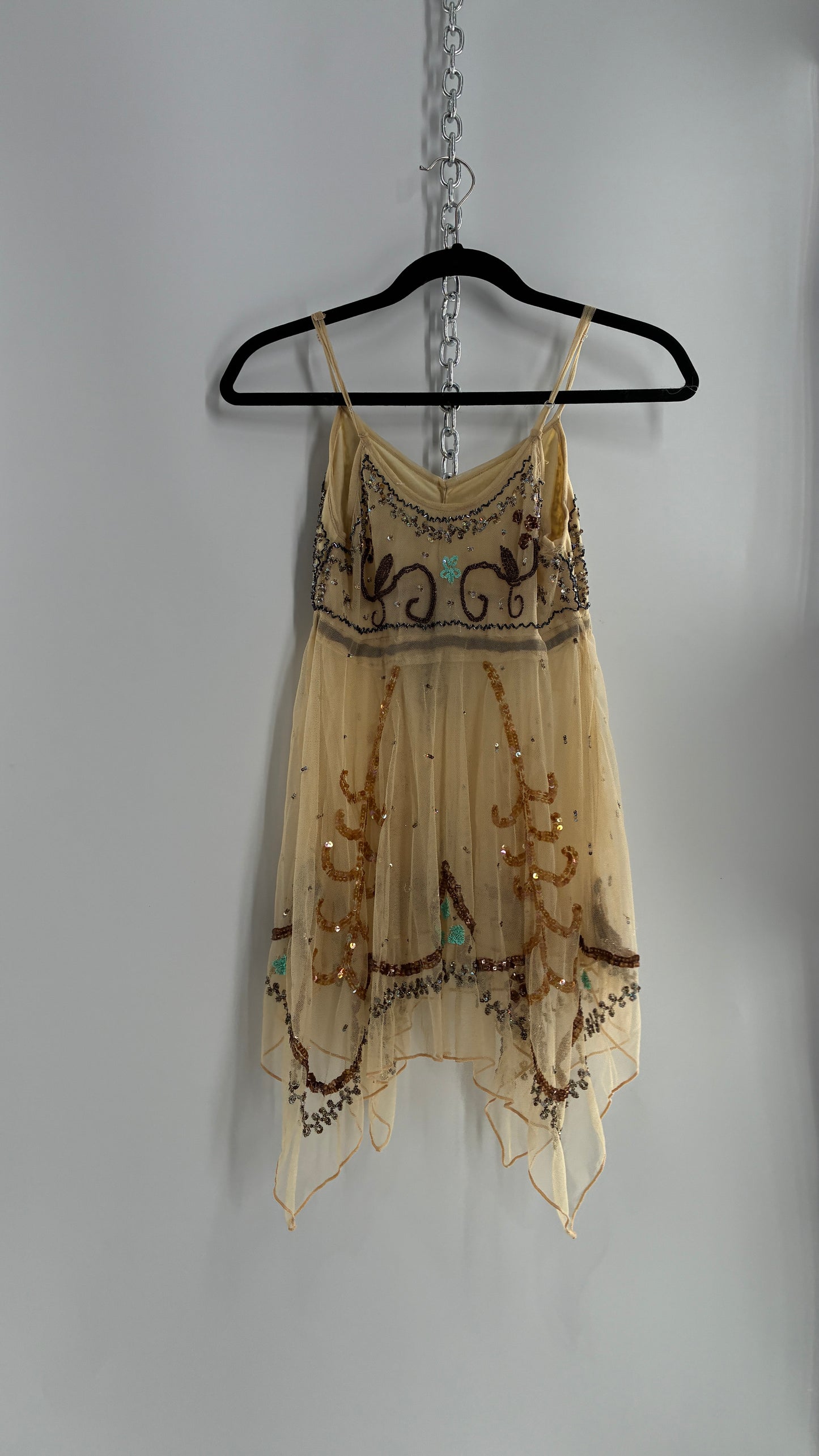Handmade Beige Handkerchief Camisole with Hand Beaded Details (XS)