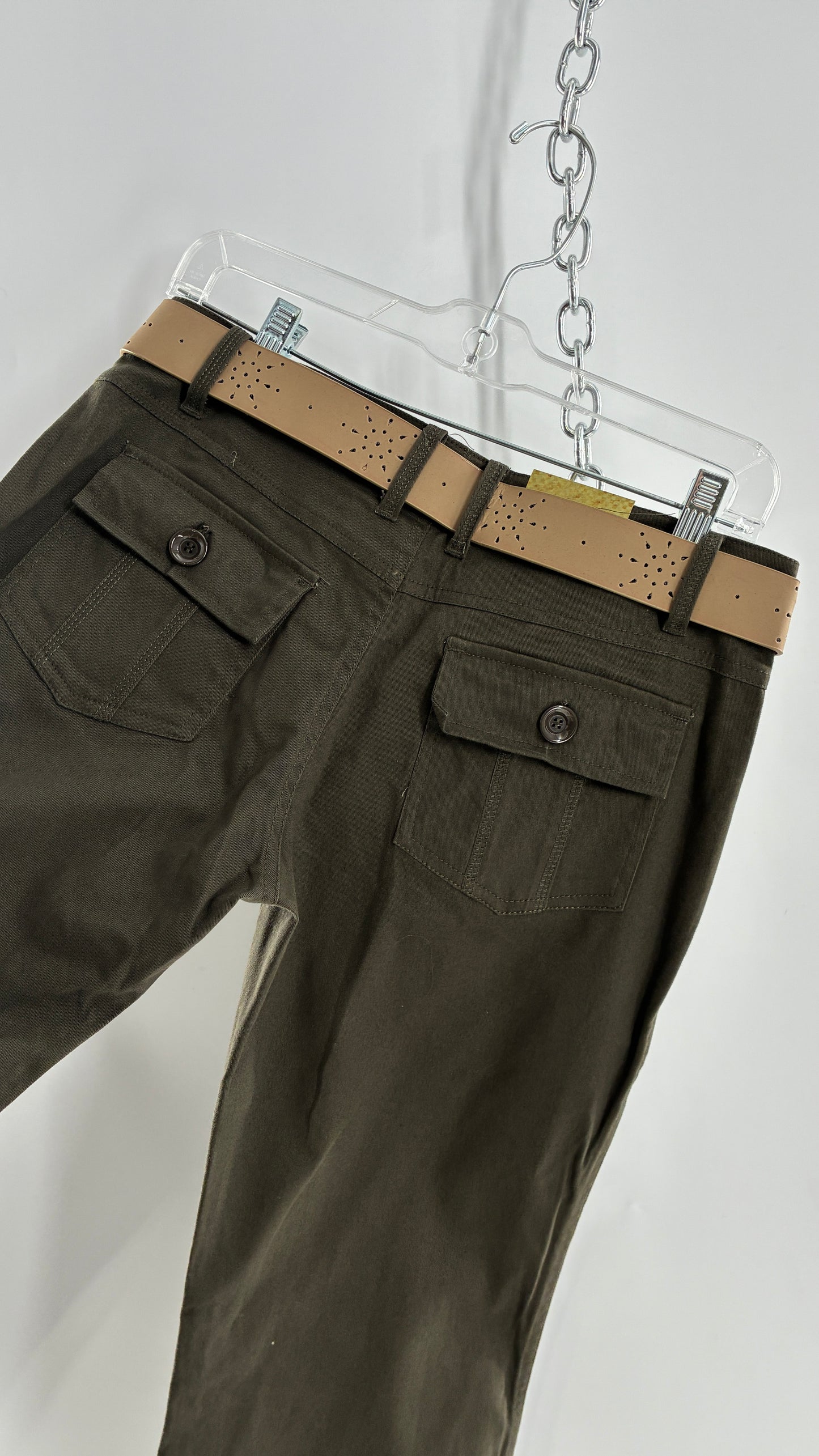 Deadstock Vintage MOKACHINO Olive Green Low Rise Kickflares with Hip/Bum Pockets and Built in Belt (7)