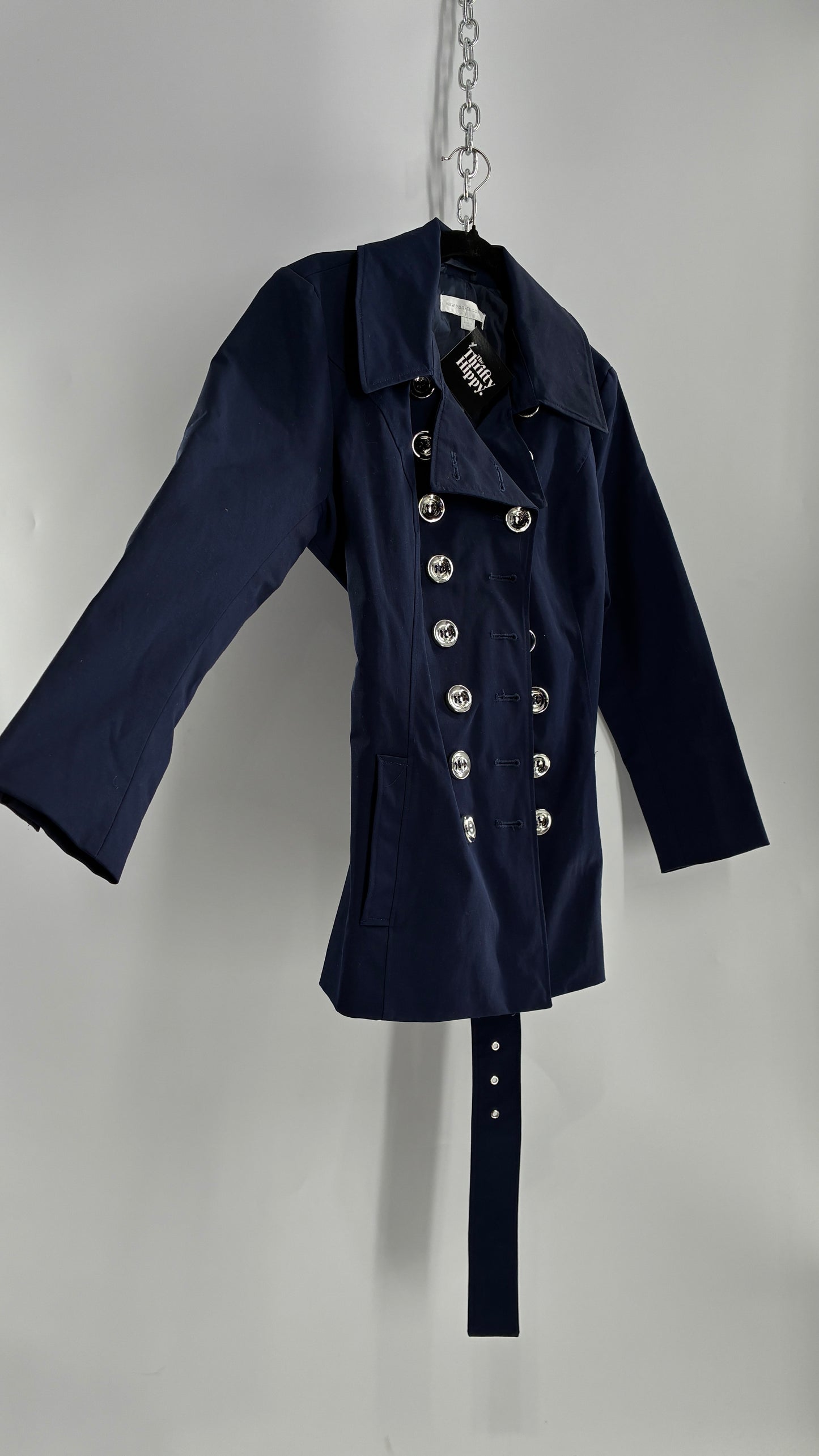 New York & Company Deep Navy Coat with Double Breasted Silver Buttons and Oversized Silver Buckle (Large)