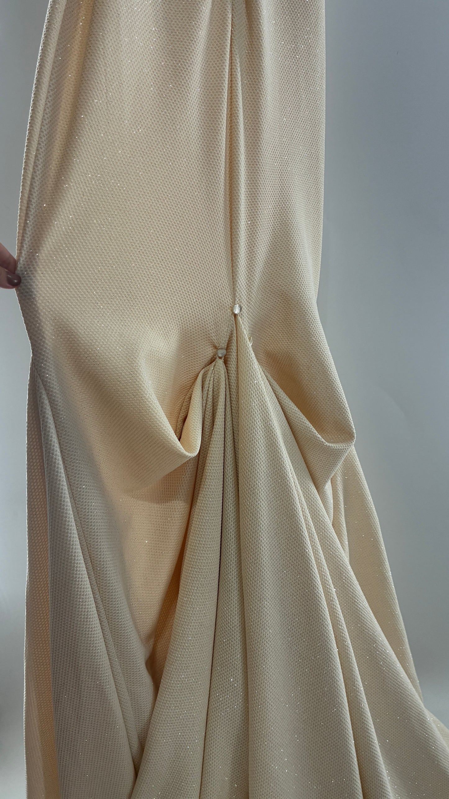 Vintage JOVANI Ivory Glittery Full Length Gown with Sheer Side Panels, Hourglass Illusion, and Pin Up Train (8)