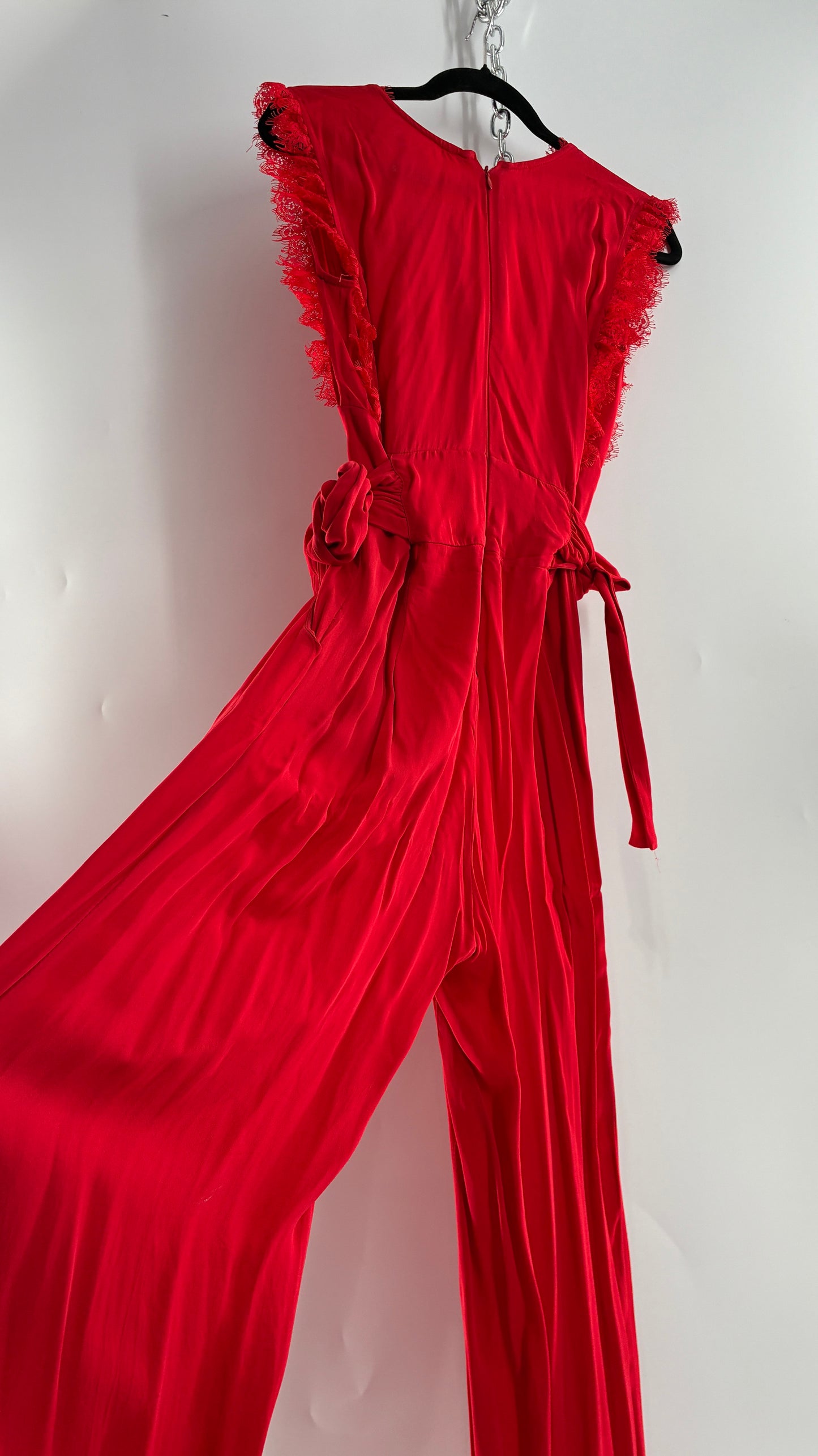 Free People Red Jumpsuit with Waist Ties and Scalloped Lace Details (2)