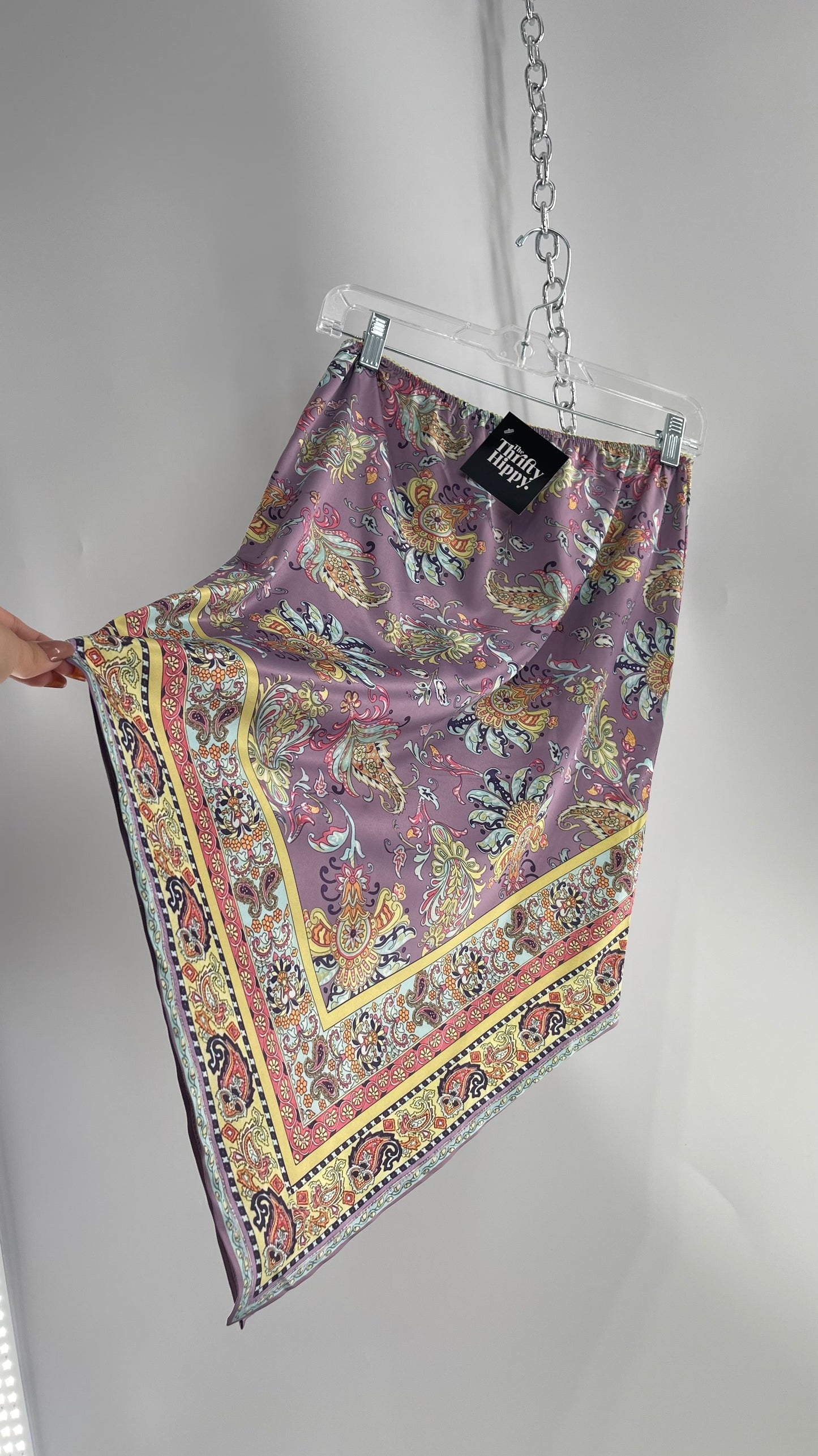 Urban Outfitters Lavender Satin Paisley Handkerchief Hem Skirt with Light Green Ribbon Waistline (Small)