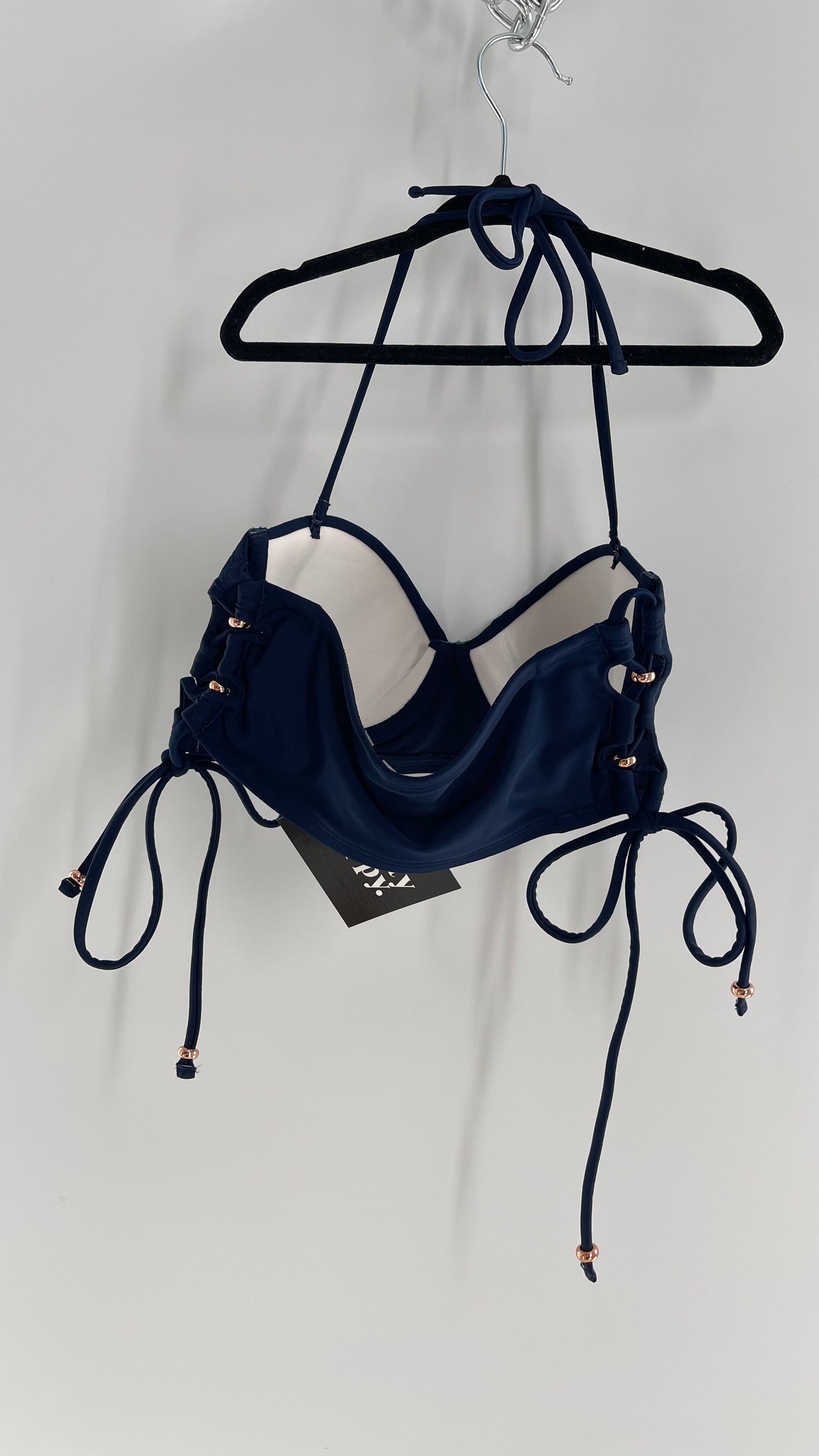 AERIE Navy Blue Underwire Swim Top with Lace Up Sides with Rose Gold Beads (S)