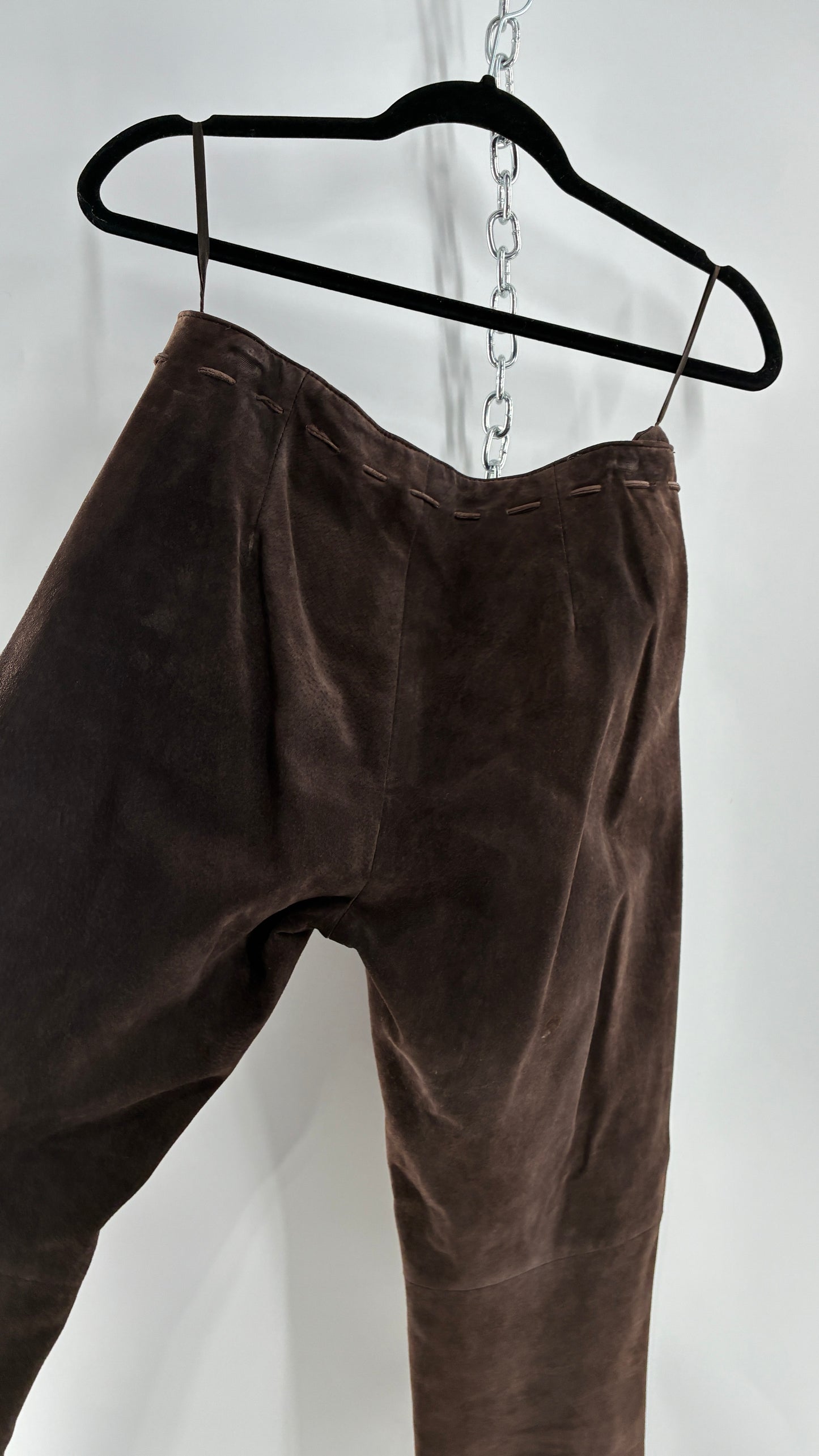 Vintage FOR JOSEPH Low Rise, Chocolate Brown Suede Pants with Leather Stitch Sides and Bow Closure (28)