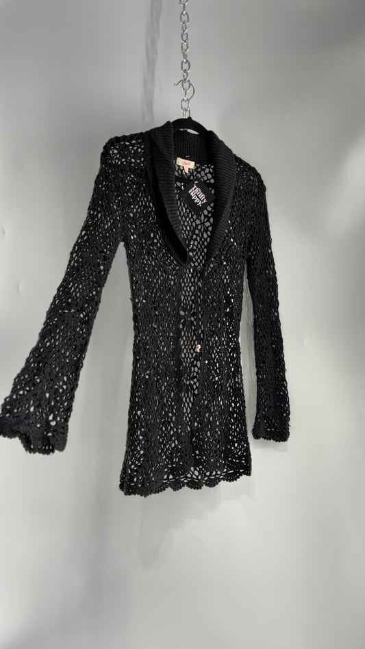 Vintage CANDIES Black Crochet Knit Cardigan with Bust Tie (Medium)