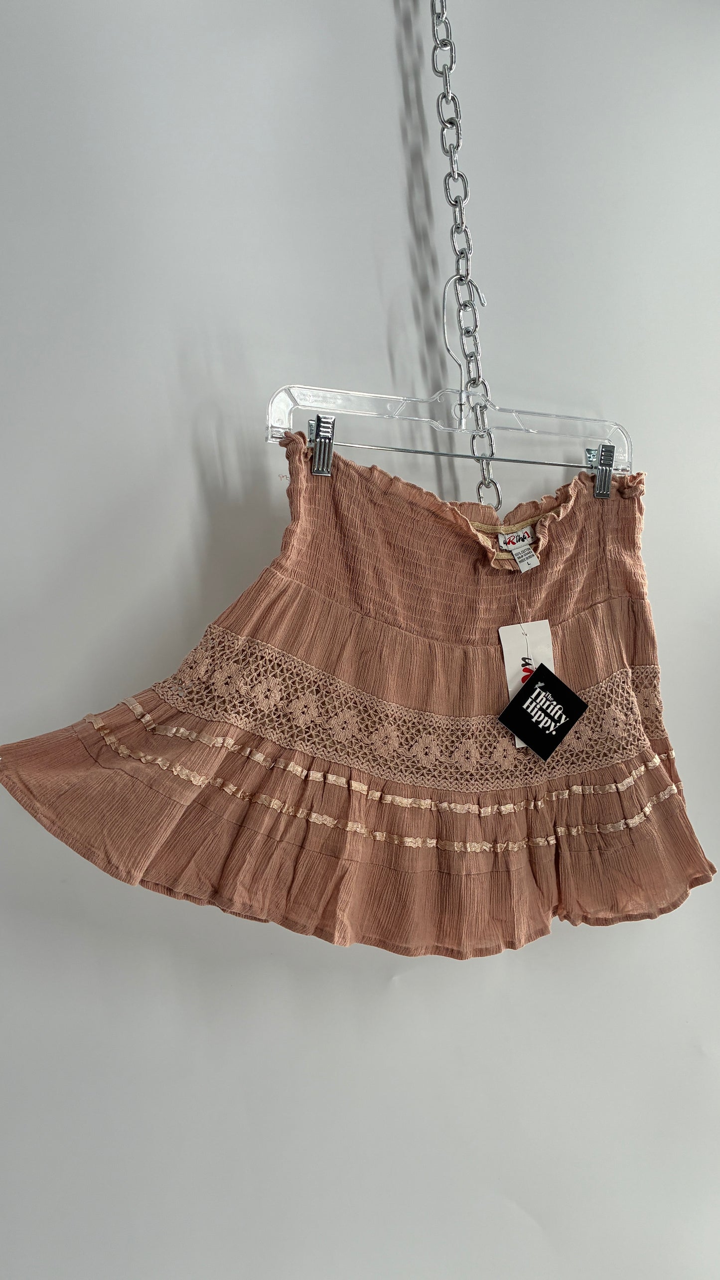 Vintage URthe1 Tan Satin Ribbon and Crochet Lace Mini Skirt (Large)