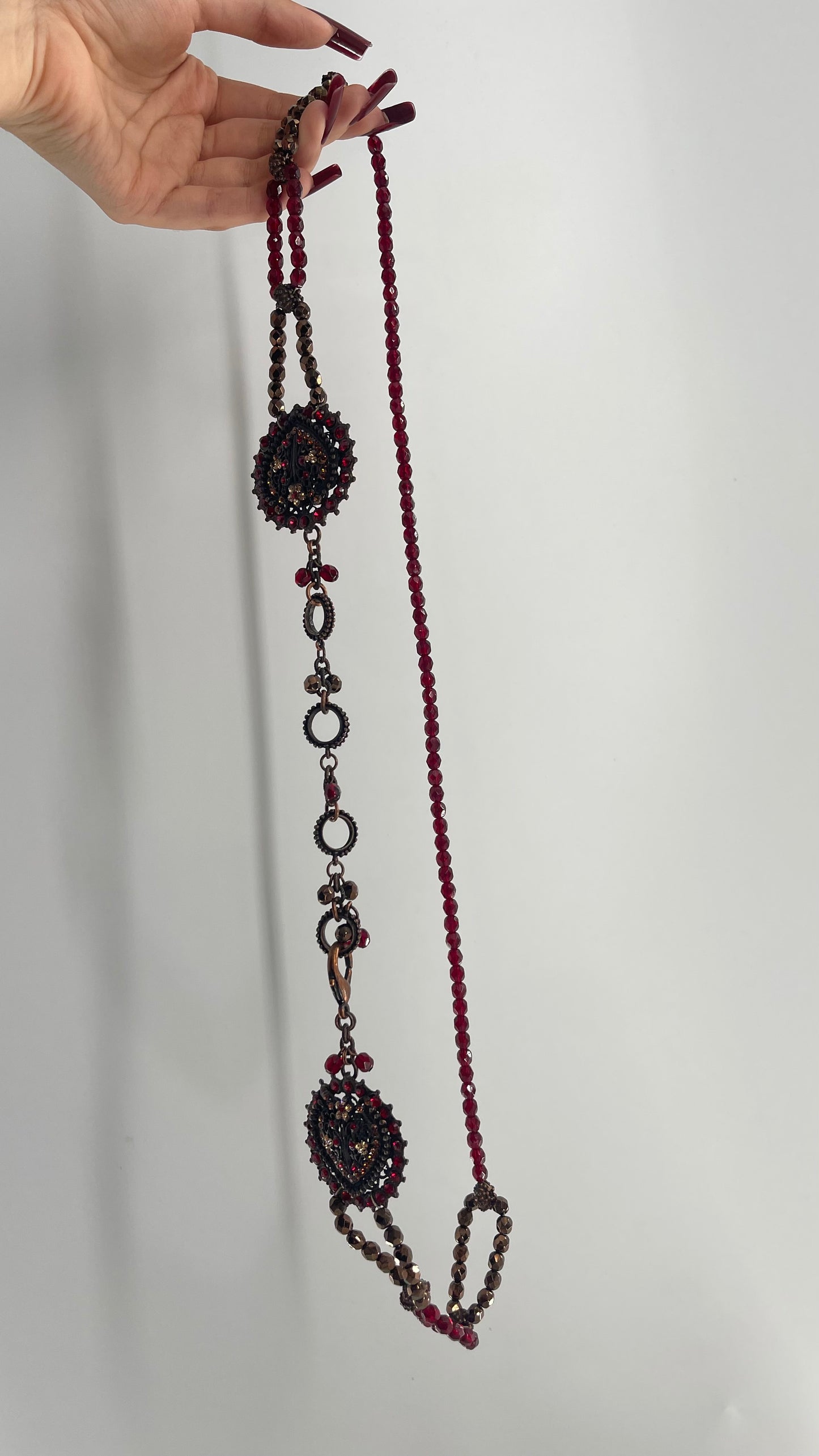 Vintage Crimson Red, BeadedWaist Chain Belt with Stone and Embossed Medallion Details