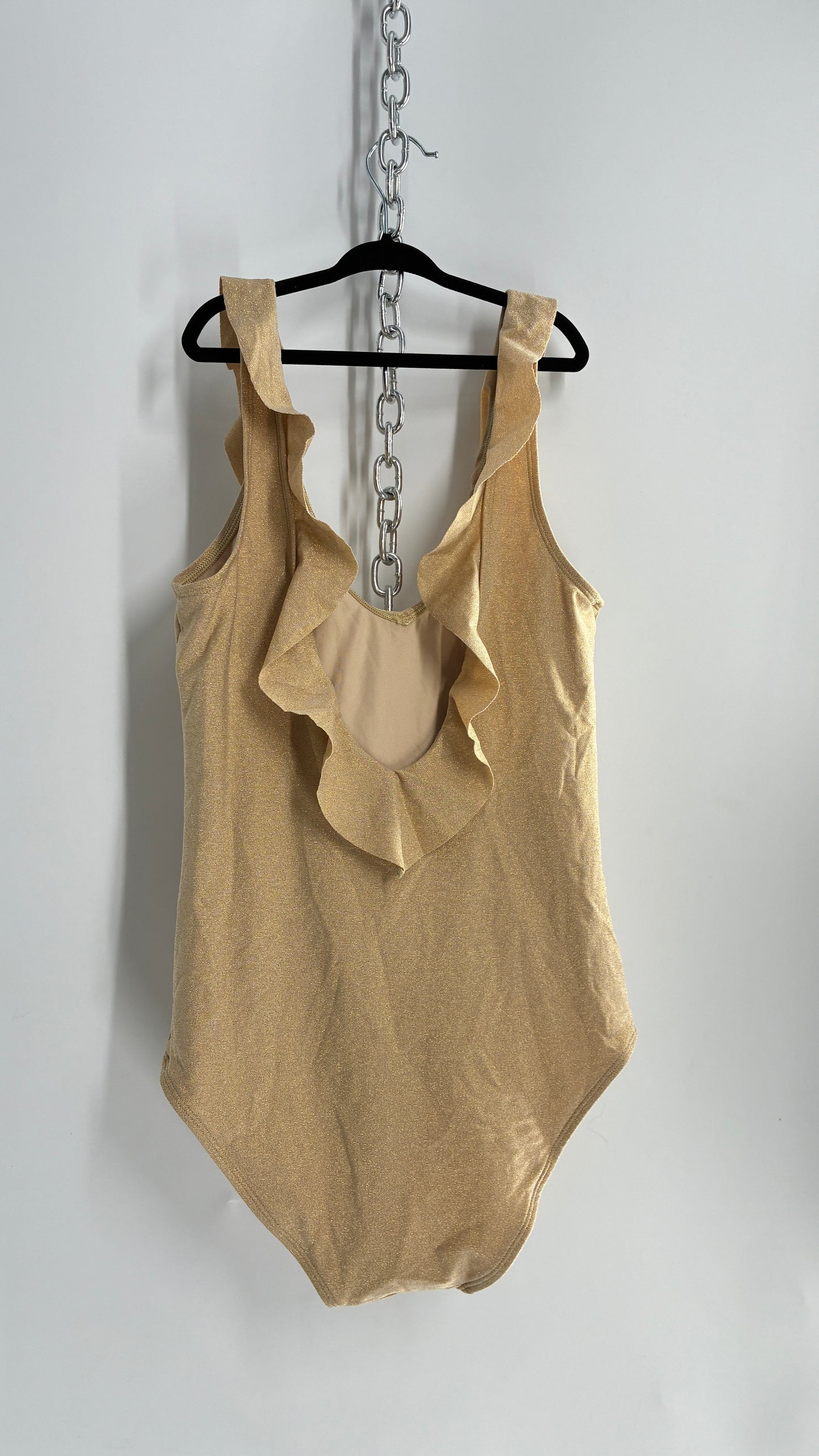 HOP LUN Gold Glitter Ruffle Neckline Bathing Suit (Small)