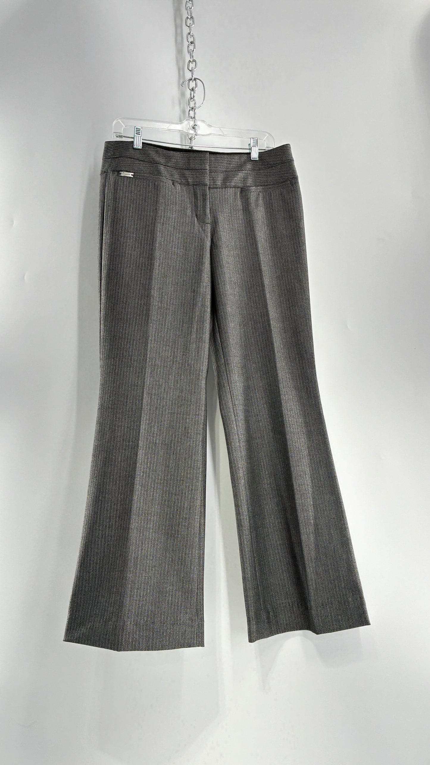 Vintage 1990s EXPRESS Editor Dark Grey Pinstripe Ultra Low Rise Thick Hip Band Kick Flares (6R)