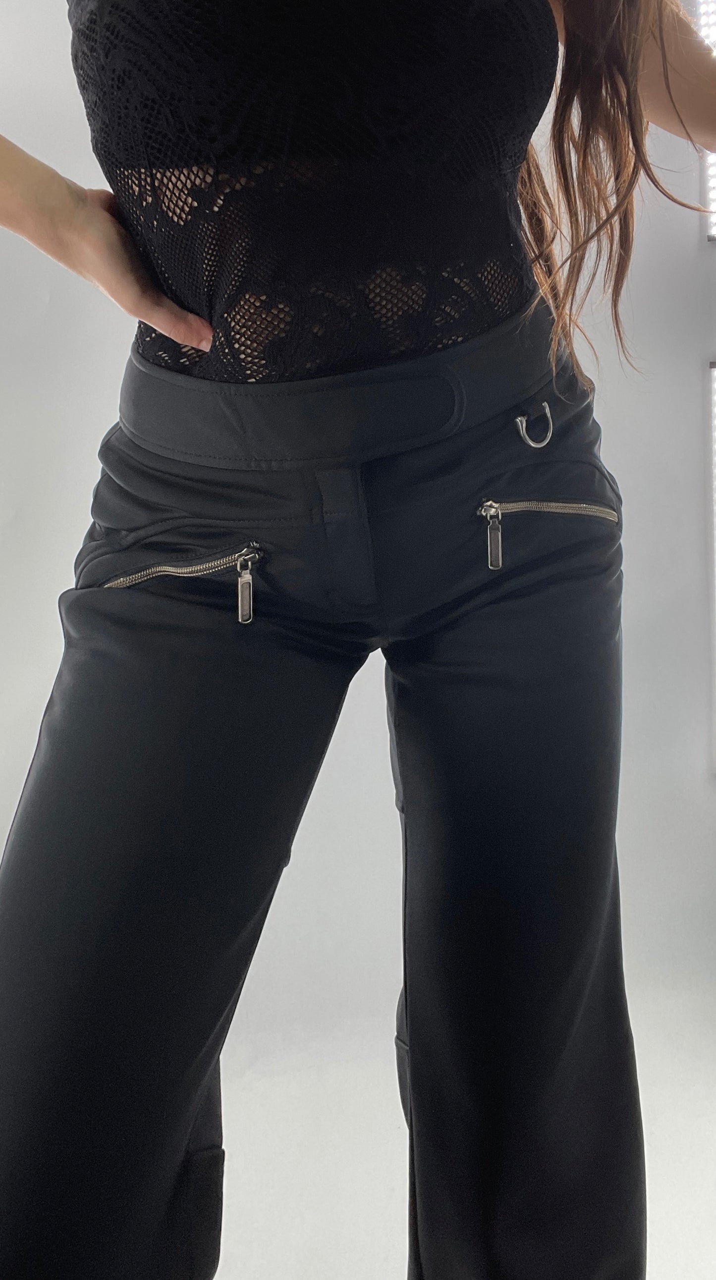 Vintage Athleta Flare 100% Nylon Thick Stretchy Black Pants with Side Clasps, Low Rise, Graphic on Back and Side of Leg (4)