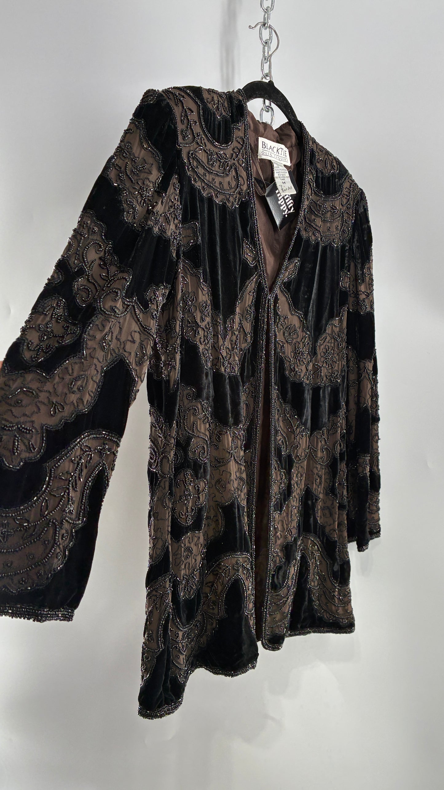 Vintage OLEG CASINI 100% Silk Velour Heavily Beaded Coat (Medium)