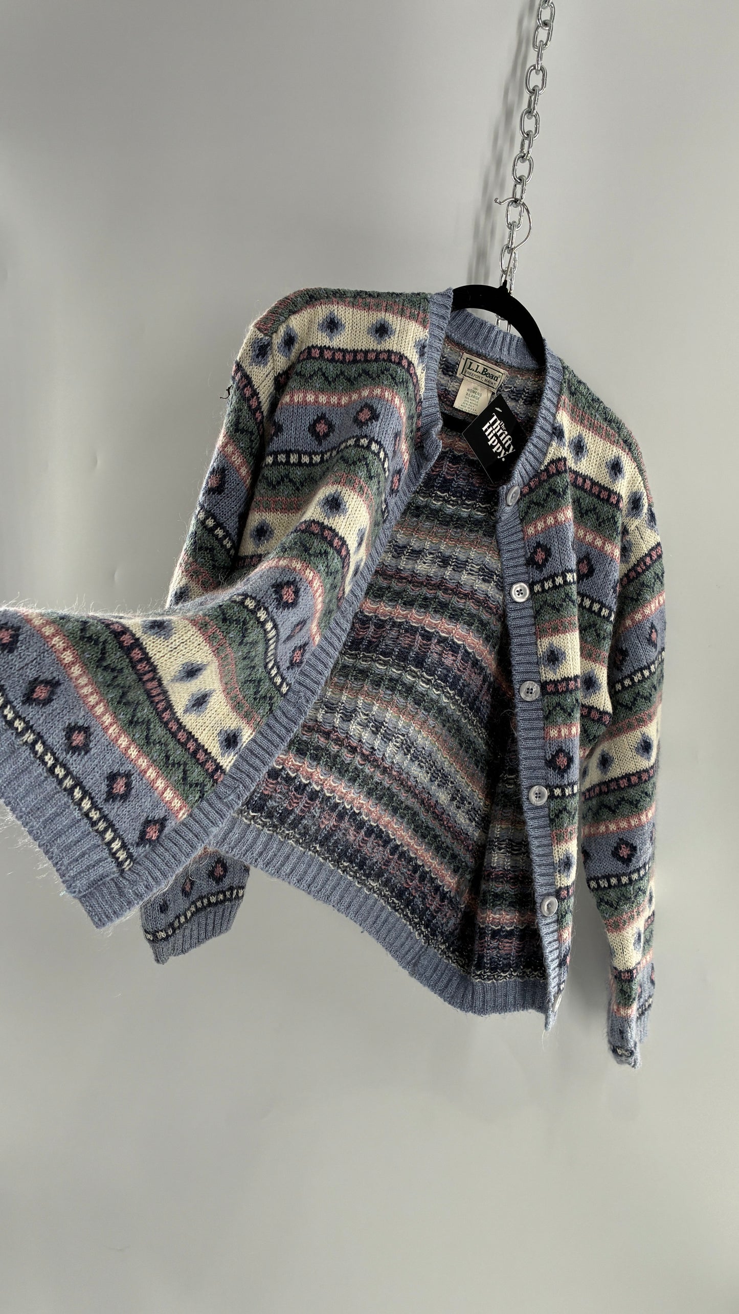 Vintage LL Bean 25% Mohair Striped Knit Blue Green Pink Cardigan (XL)