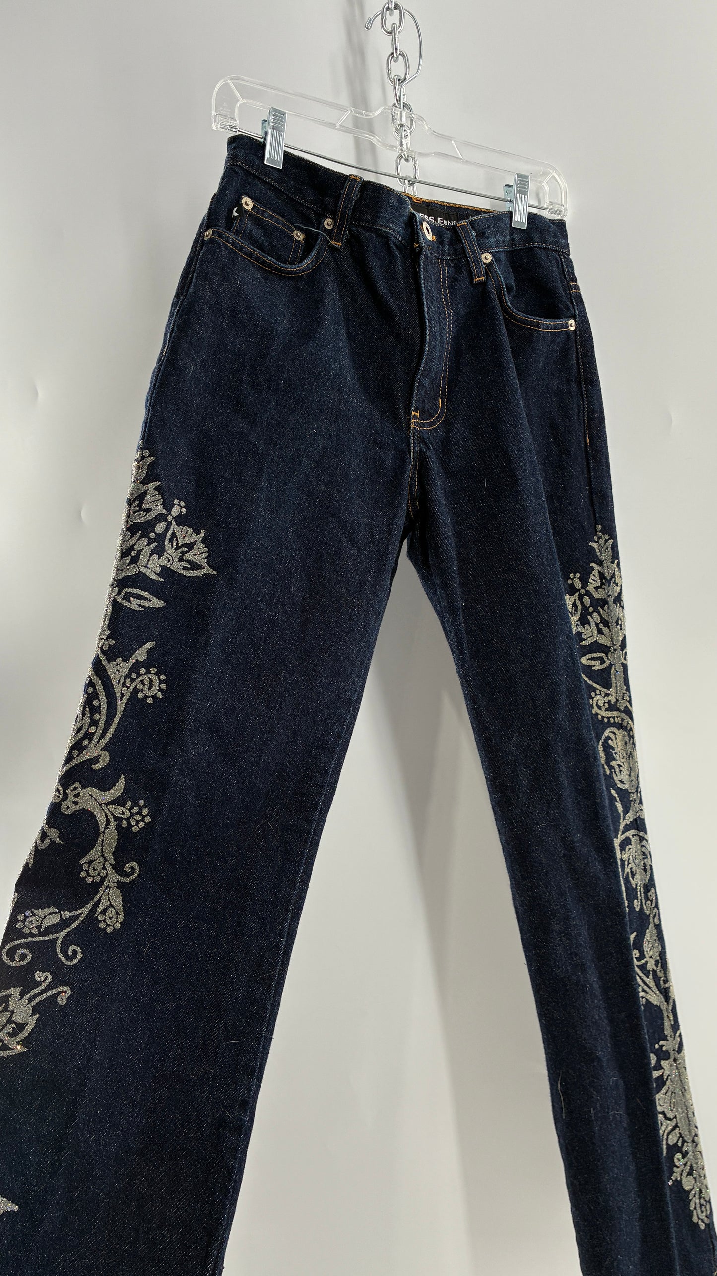Vintage EXPRESS JEANS Dark Wash with Iridescent, Embellished, Textured Design Running Down Pant Leg (3/4)