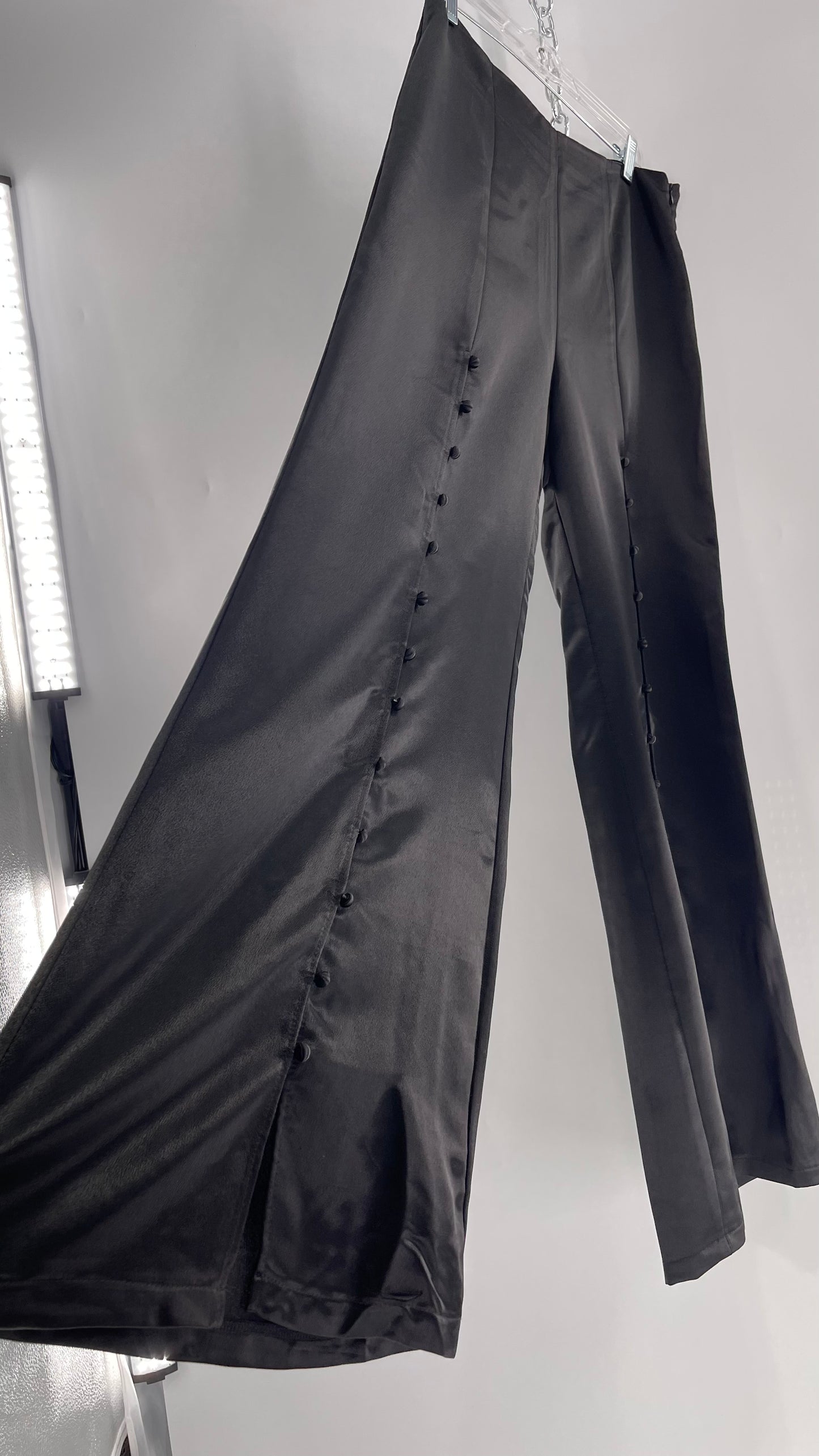 WHY Sultry Steps Black Satin Wide Leg Trouser with Vertical Strip of Satin Buttons (Medium)