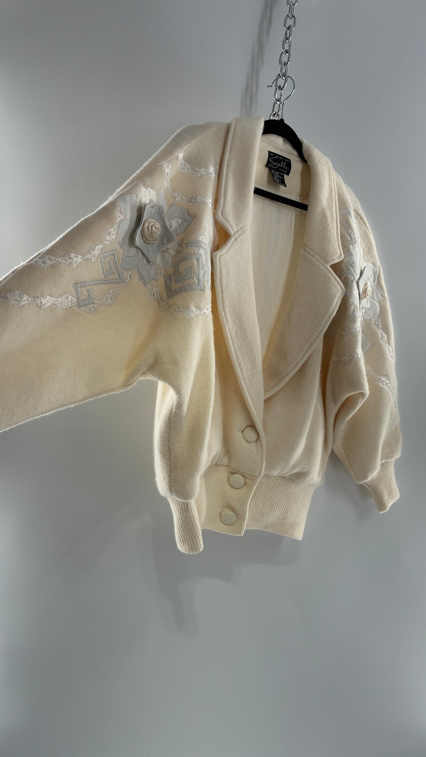 Vintage SUZELLE 70% Lambswool, 20% Angora Rabbit Off White Woven Bomber Jacket with Leather Flower Appliqués (Medium)