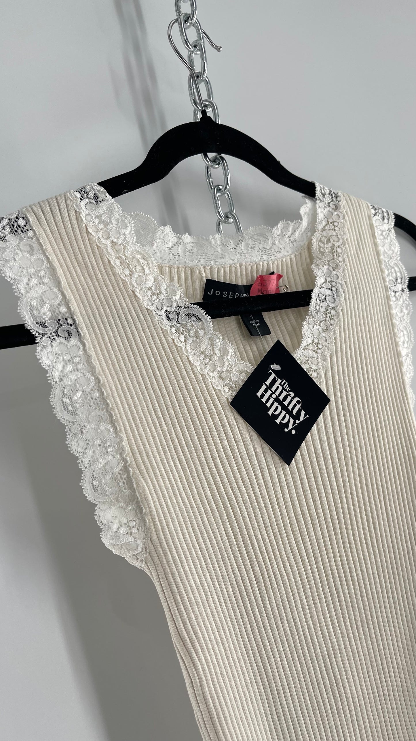 Vintage Josephine Chaus Ribbed Beige Tank with Lace Lining (Small)