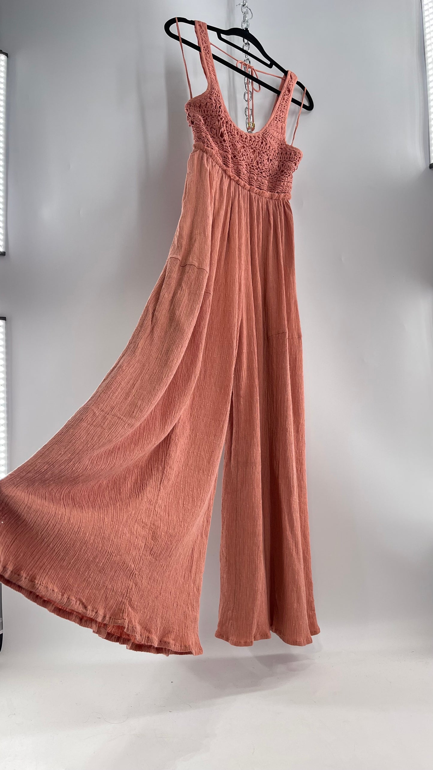 Free People Rose/Peach Pink Wide Leg Jumpsuit with Crochet Bust and Tags Attached (XS)