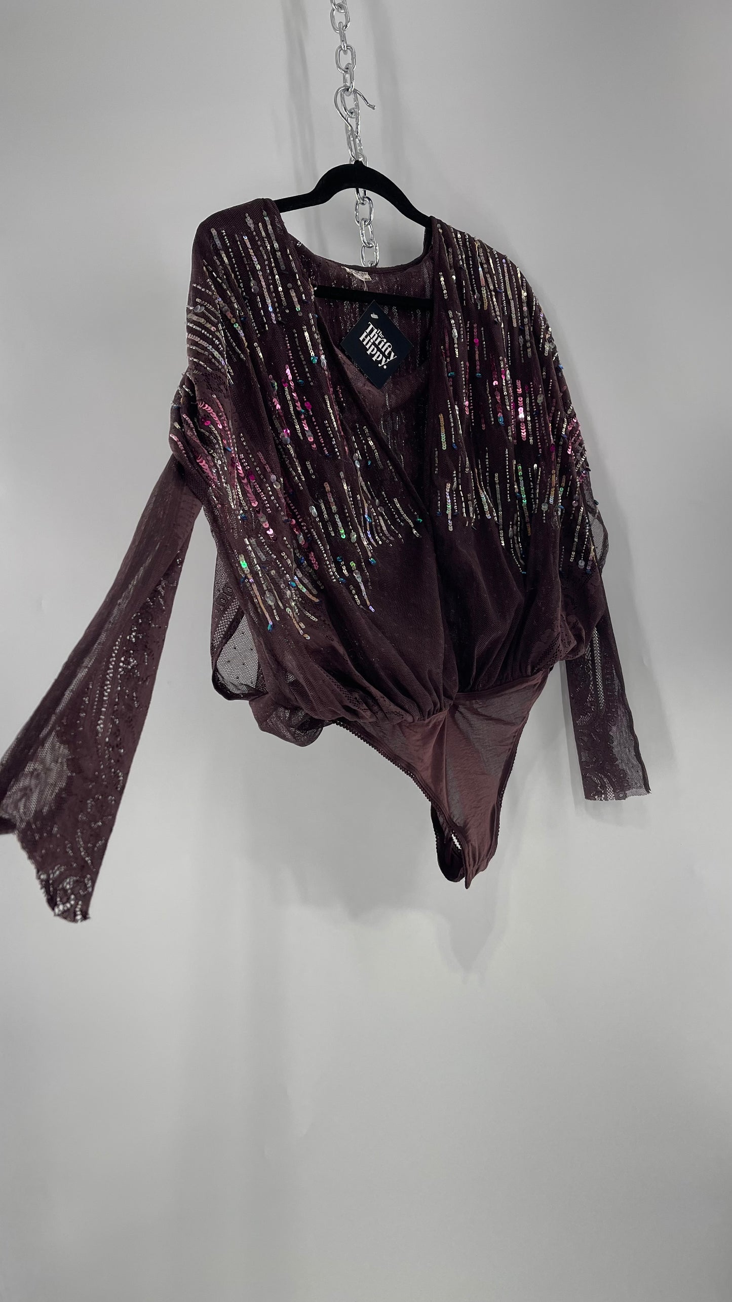 Intimately Free People Plum Mesh Bodysuit with Lace Sleeves and Beaded/Sequined/Embellished Body (Medium)