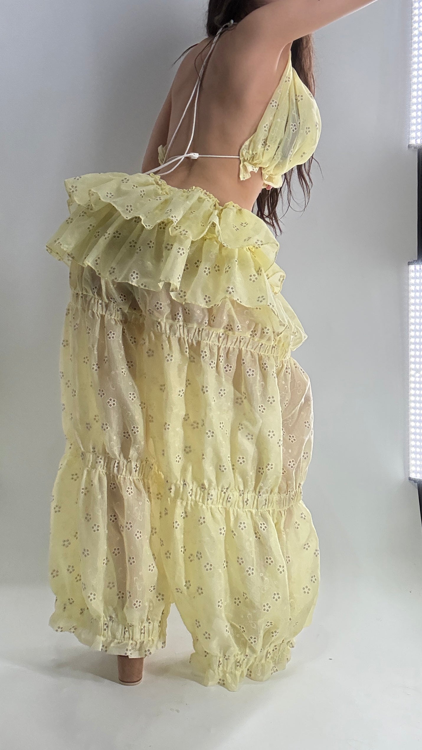 Vintage Handmade 2pc Baby Yellow Set with Tiered Pants, Ruffled Bum, and Floral Eyelet Pattern (XS-M)