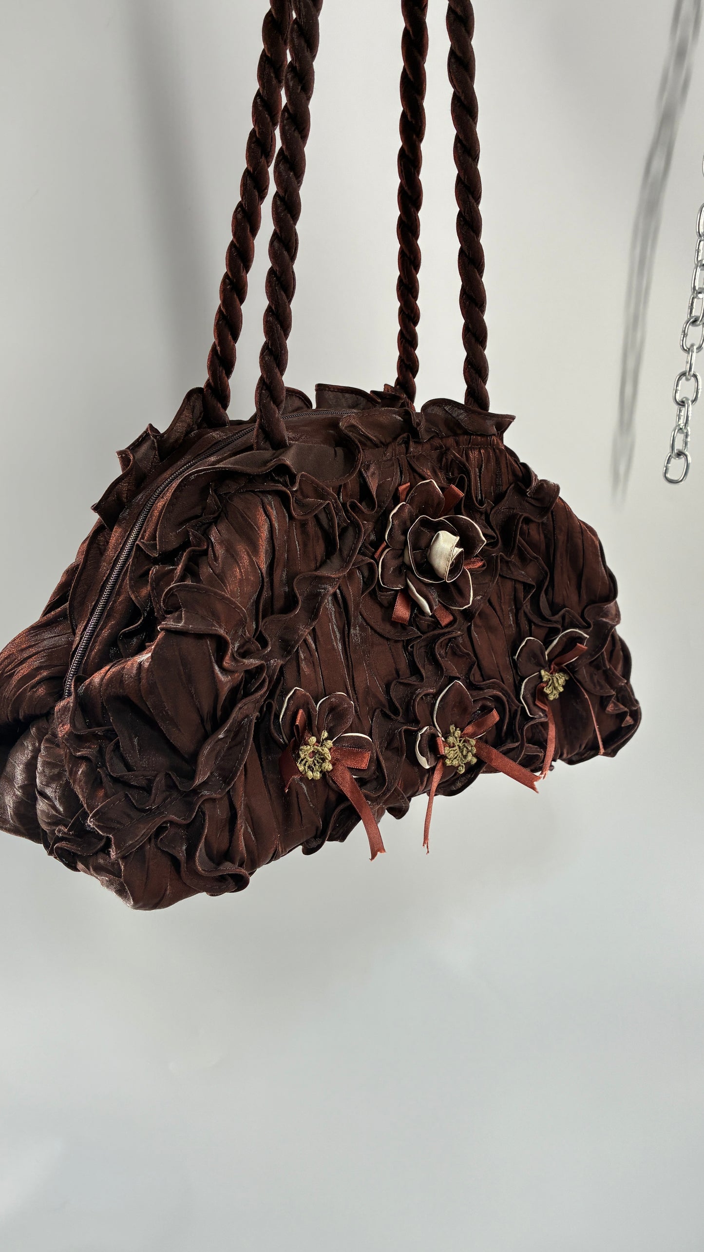 Vintage Oversized Brown Slouchy Purse with Embroidered Rosettes and Braided Strap