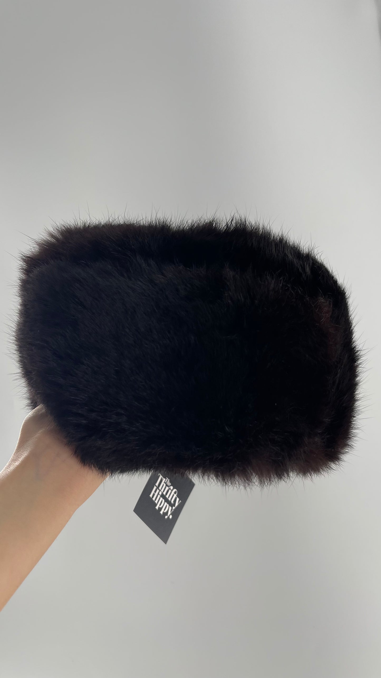 Vintage Russian Black Genuine Rabbit Fur Roller Hat with Pull Down Ear Muff Flaps