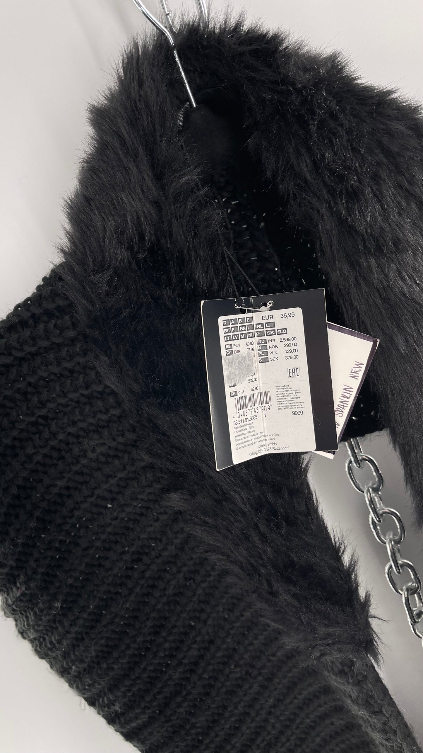 Comma Black Knit Infinity Scarf with Fur Trim Collar and Tags Attached