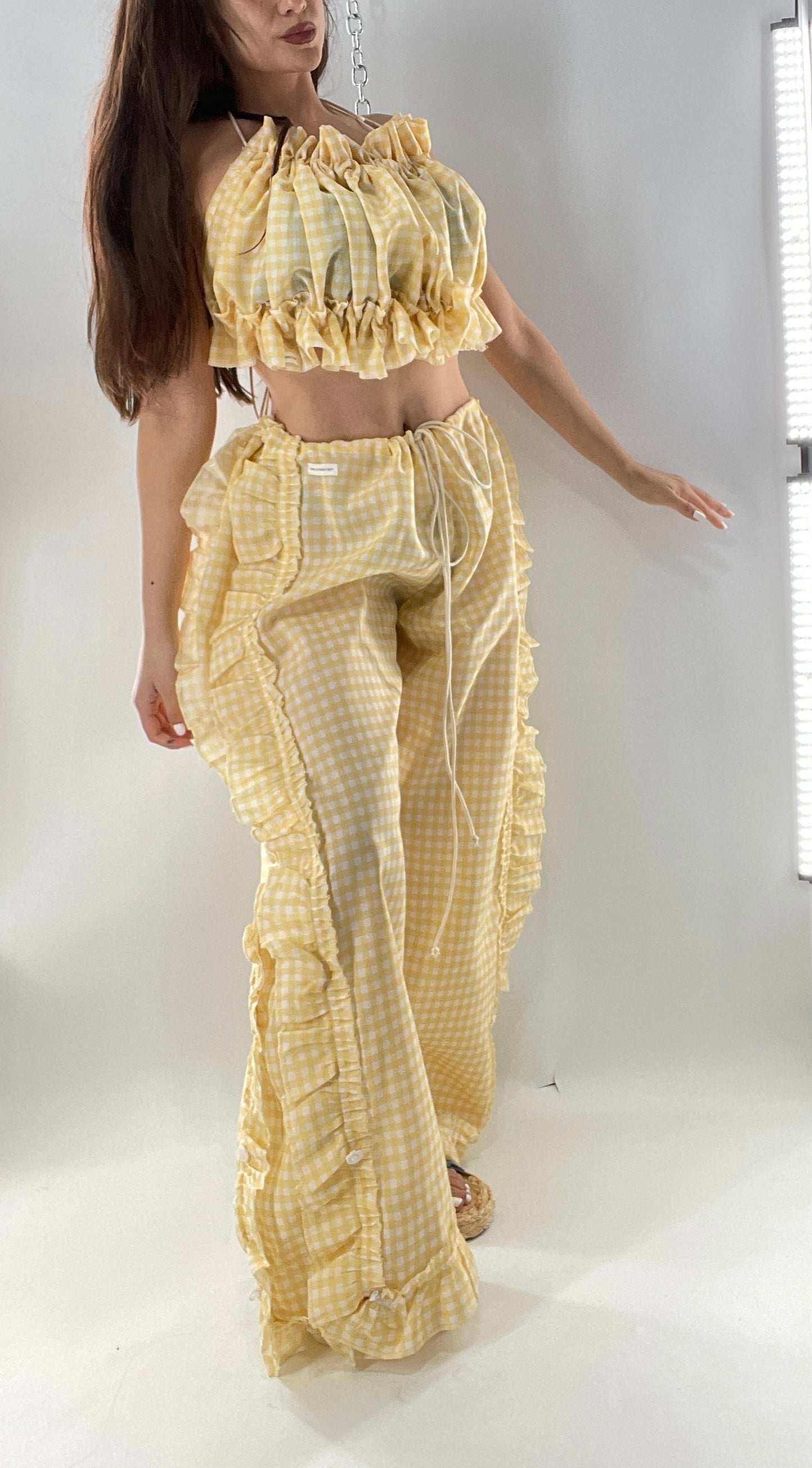 Vintage 2 Piece Yellow Checkered/Gingham Patterned Picnic Set with Ruched Bust Top and Ruffle Side Wide Legs with Adjustable Length, Strap Up Buttons on Hem (One Size)