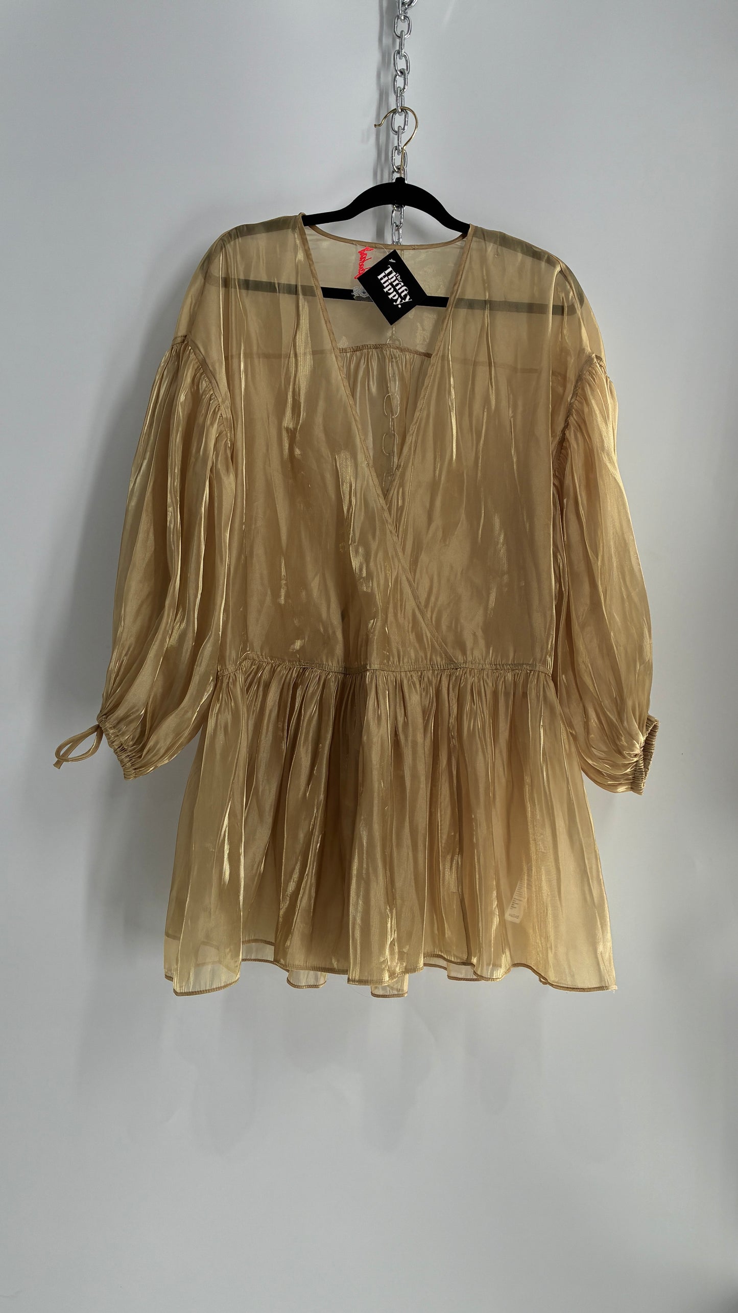 Free People Gold Voile Organza Drop Waist Bubble Sleeve Dress (Medium)