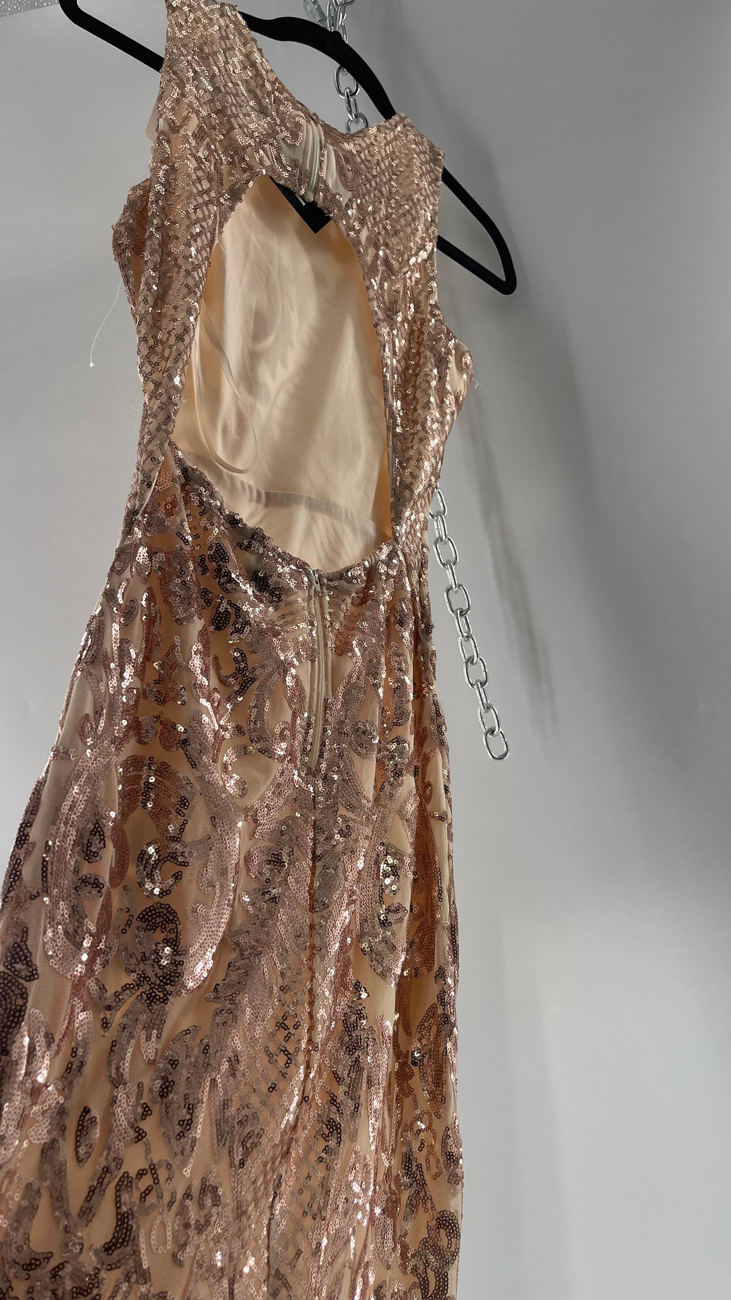 Windsor Rose Gold Sequin Maxi Dress with Side Slit Detail and Open Back (Small)