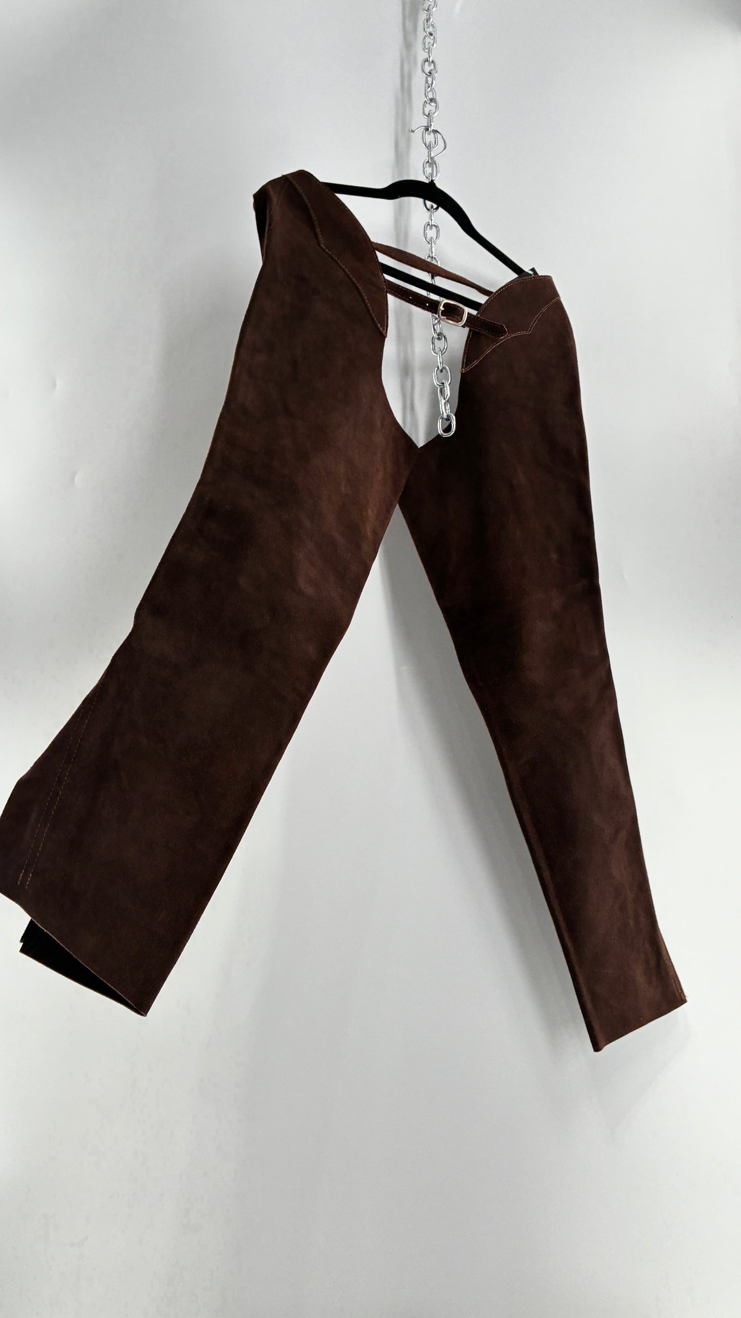 Vintage Chocolate Brown Genuine Suede Leather Chaps with Heavy Duty Side Zipper Detail (XS)