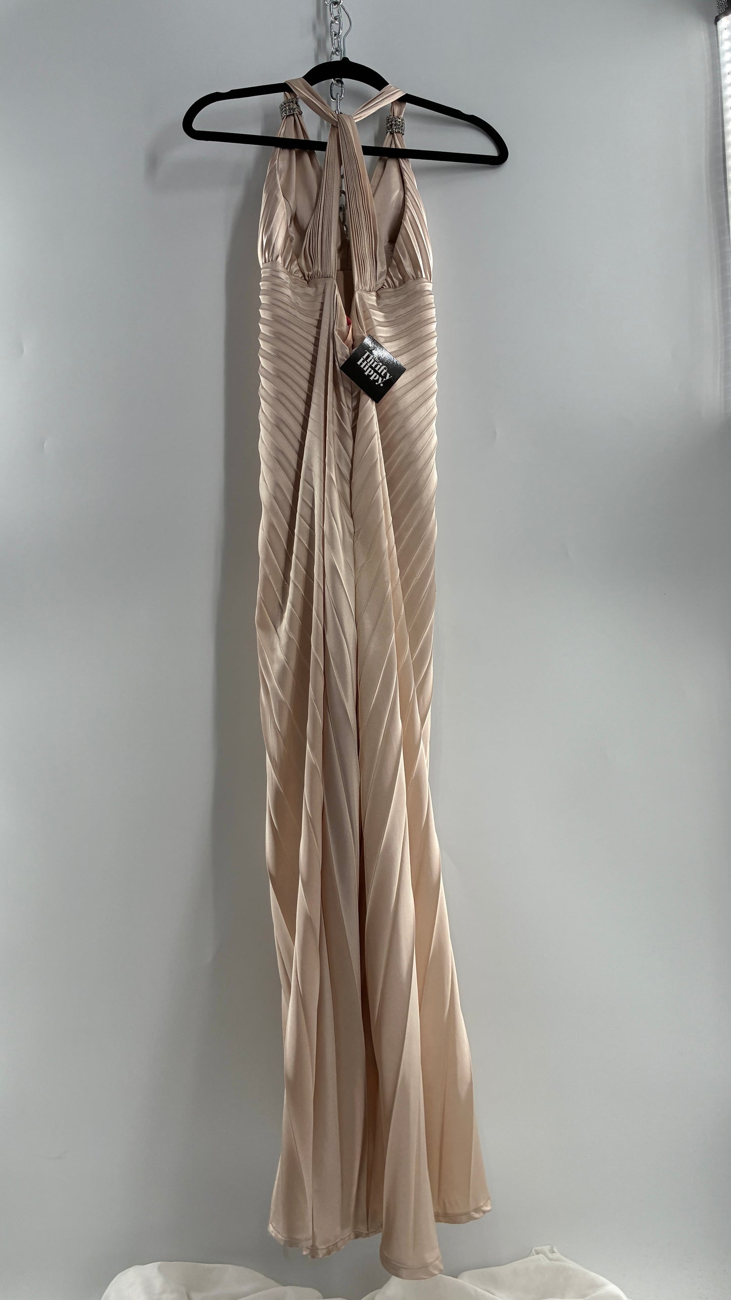 Vintage ISSUE Pleated Champagne Gown with Vented Slit Front, Crystal Bust Appliqué and Strap Cuffs (2)