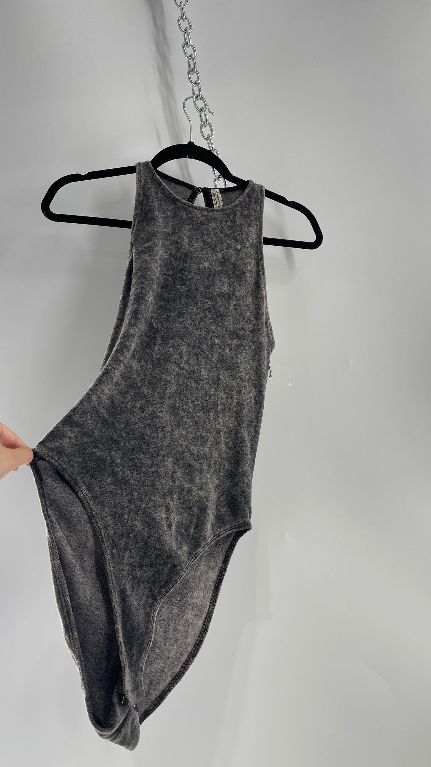 Free People Charcoal Acid Wash Velour Terry Cloth Bodysuit (Small)