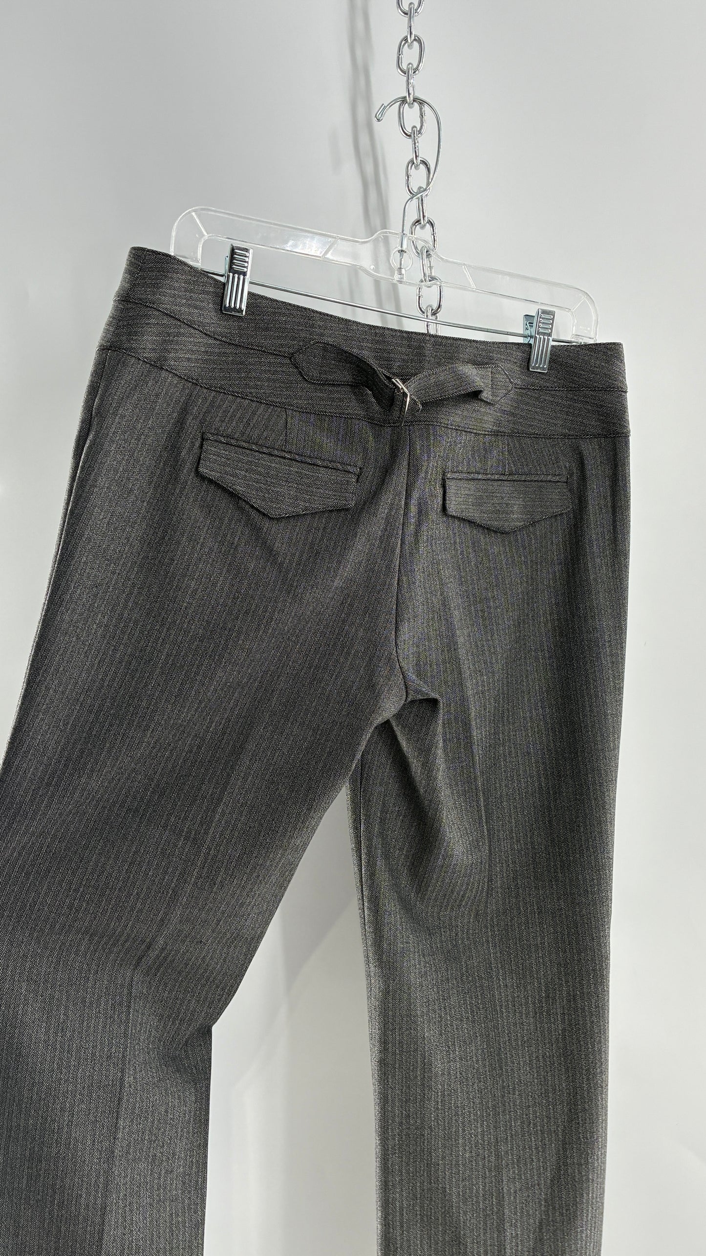 Vintage 1990s EXPRESS Editor Dark Grey Pinstripe Ultra Low Rise Thick Hip Band Kick Flares (6R)