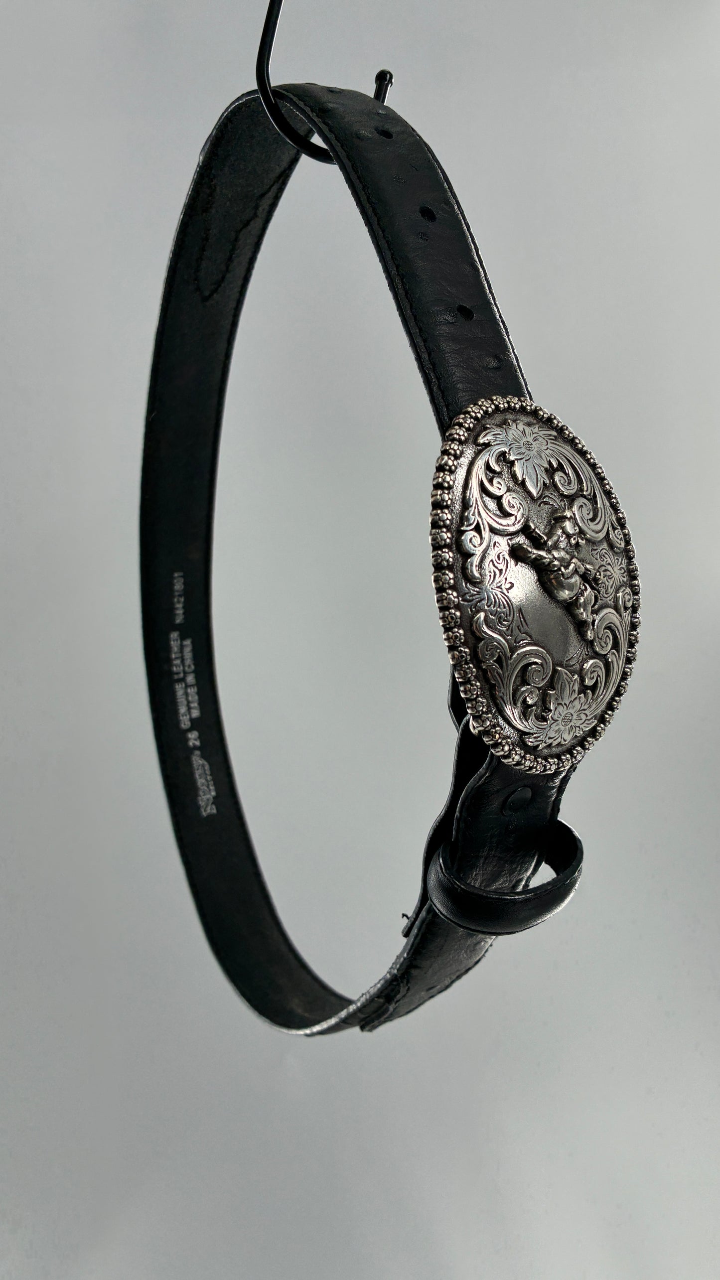 Vintage NOCONA Black Leather Western Style Belt with Oversized Engraved Cowboy Buckle (26)