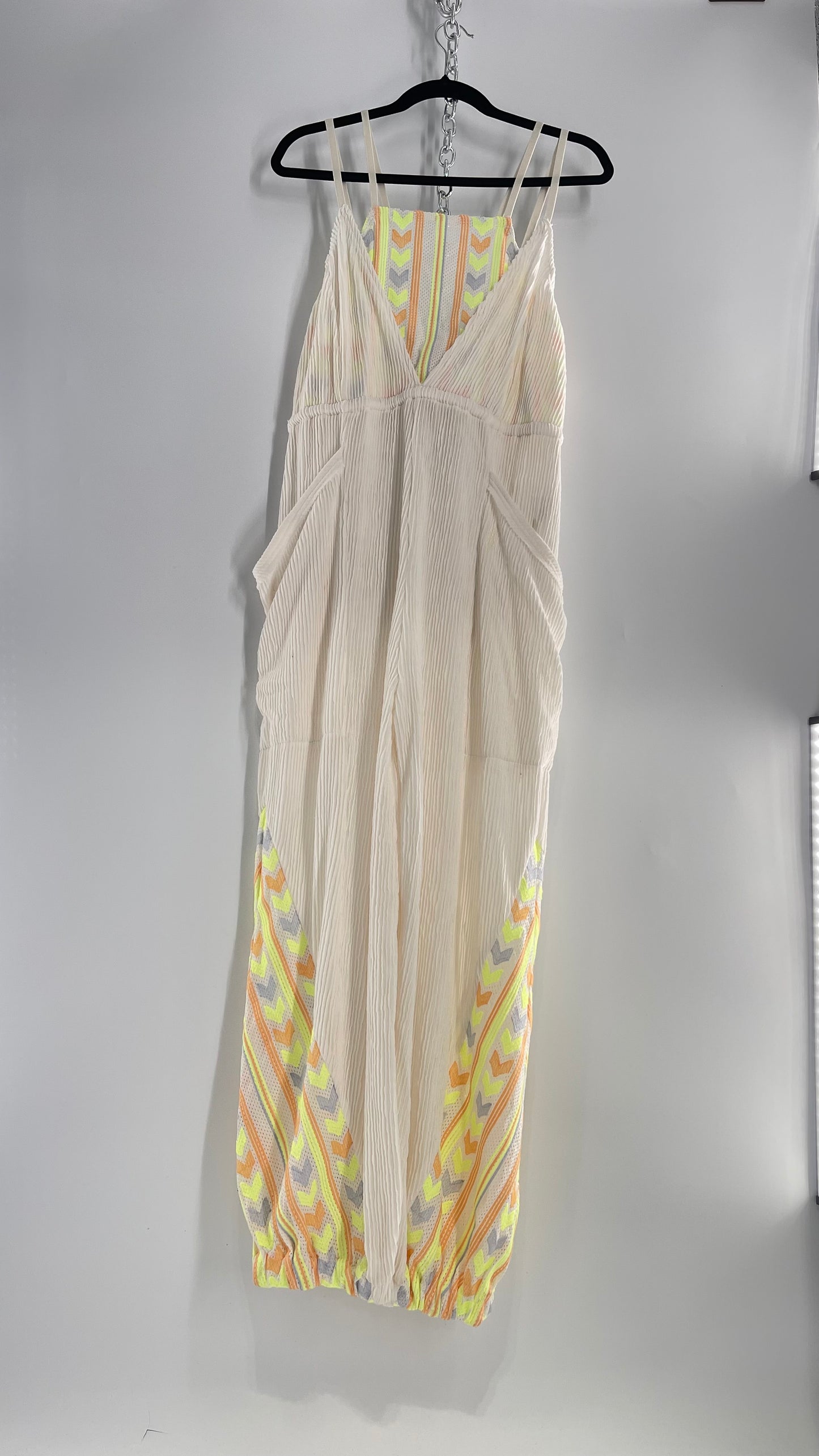 Free People Movement Cream Ribbed Jumpsuit with Yellow/Orange Embroidered Details and Waist Cinching Drawstring (Small)