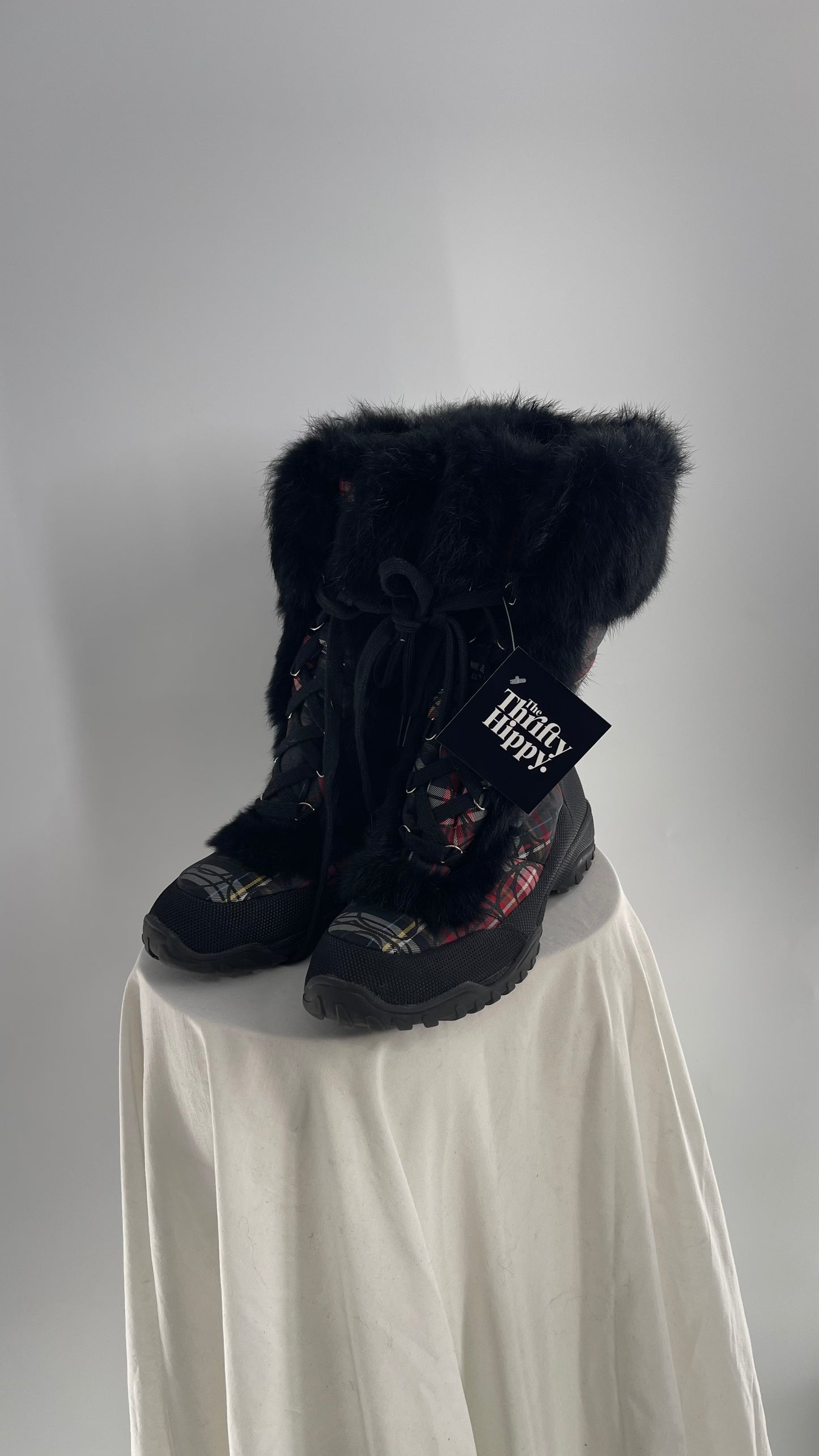 Vintage COACH Jennie Plaid Quilted Logo Patterned Boots with Rabbit Fur Trim (9)