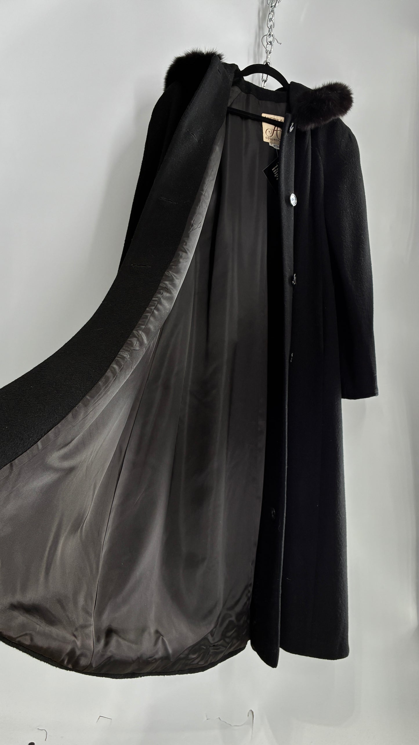 Vintage ANDREA COLLECTION Black Wool Blend Full Length Coat with Fur Trim Hood (12)