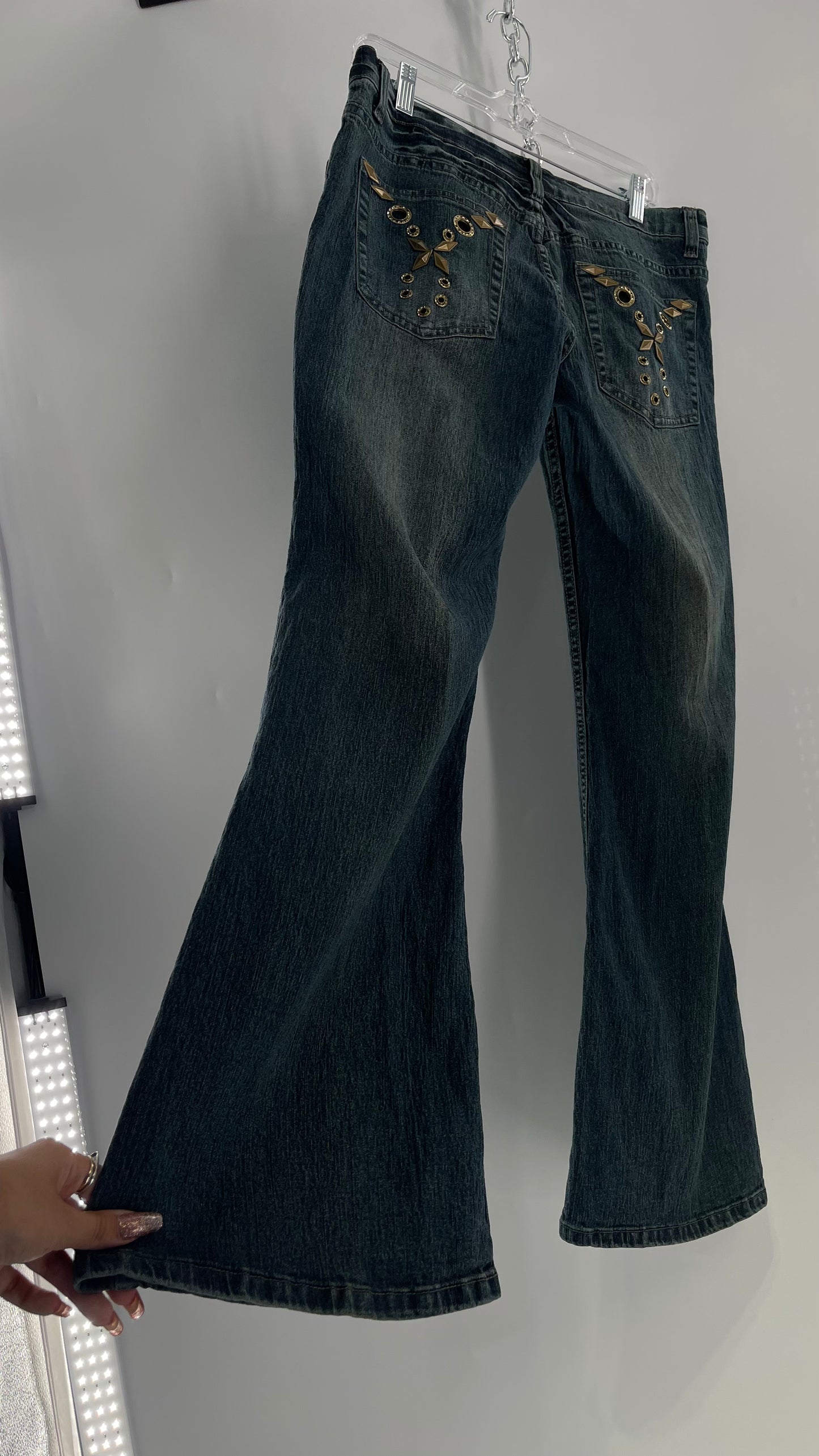 Vintage Blue Pointe Kickflare Medium Wash Jeans with Gold Rhinestone Metal Jewels (13)