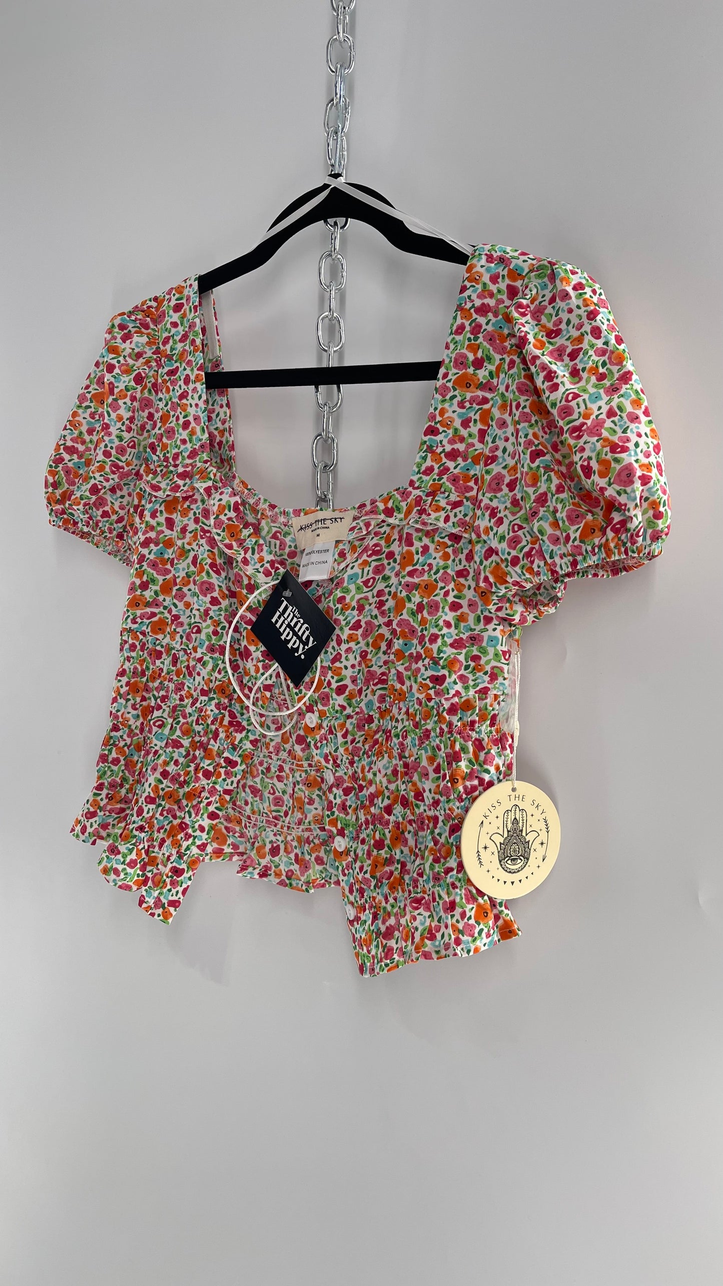Free People Kiss The Sky Ribbon Bust Floral Prairie Top (Medium)